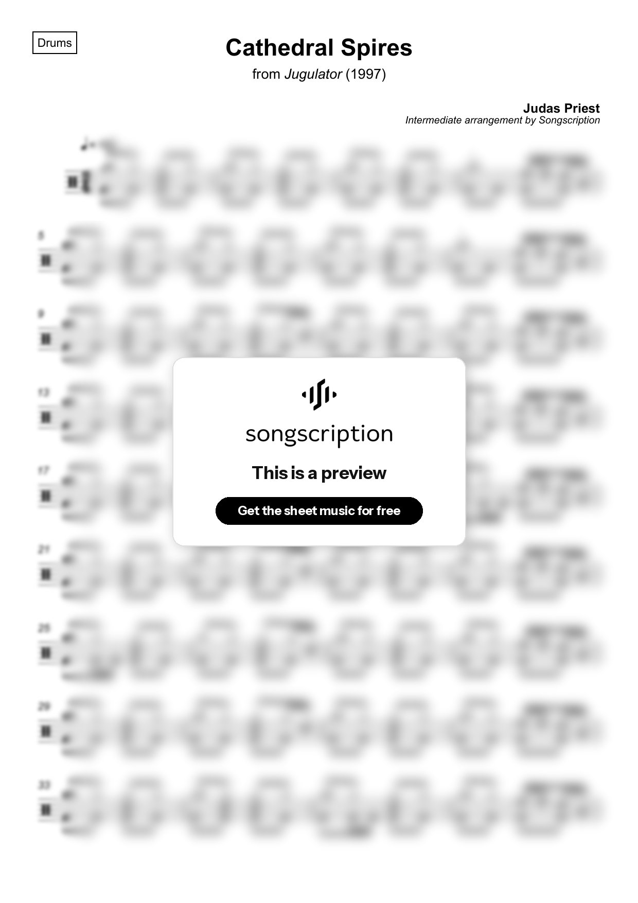 Intermediate Drums Sheet Music for "Cathedral Spires" by Judas Priest