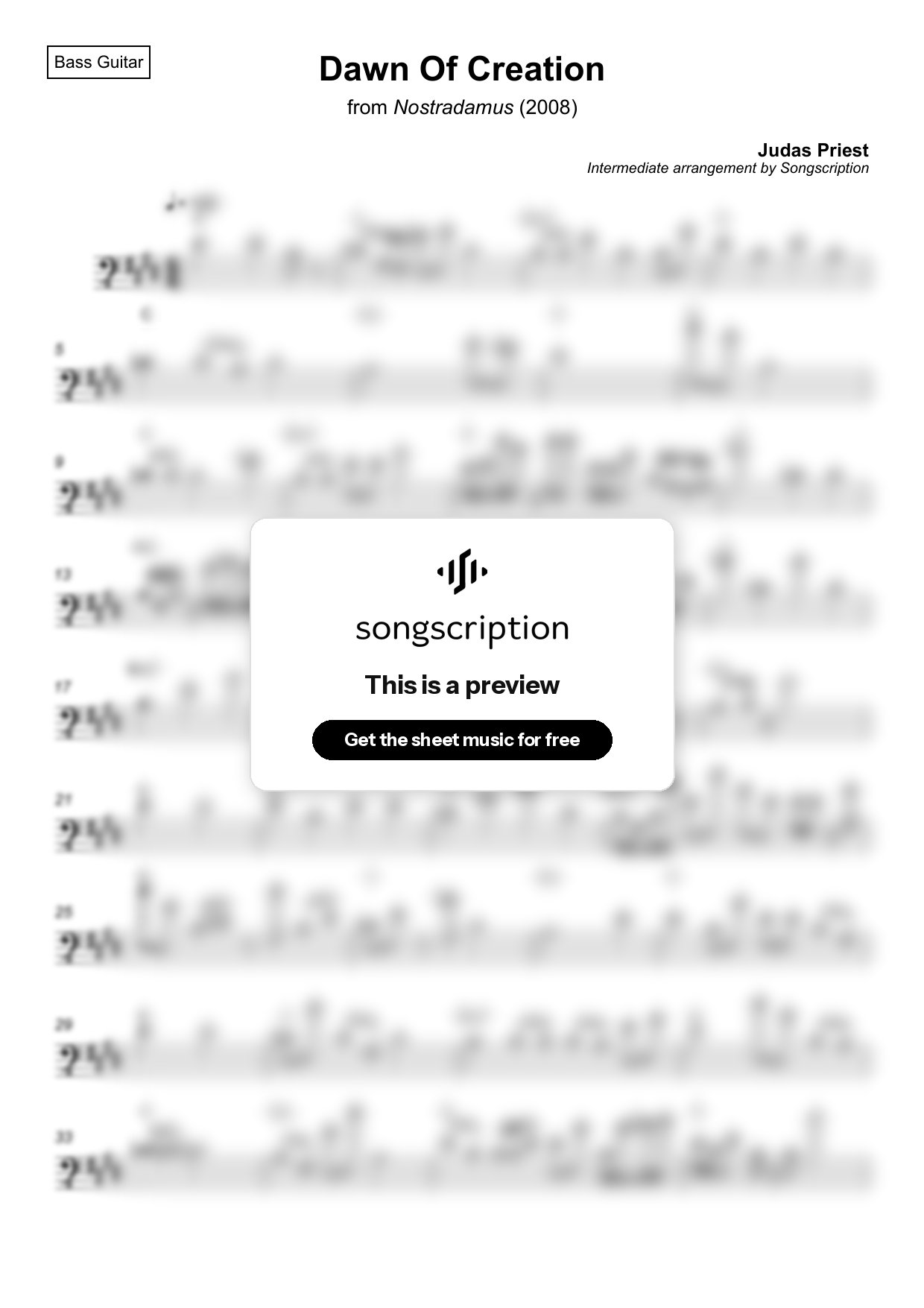 Intermediate Bass Guitar Sheet Music for "Dawn Of Creation" by Judas Priest