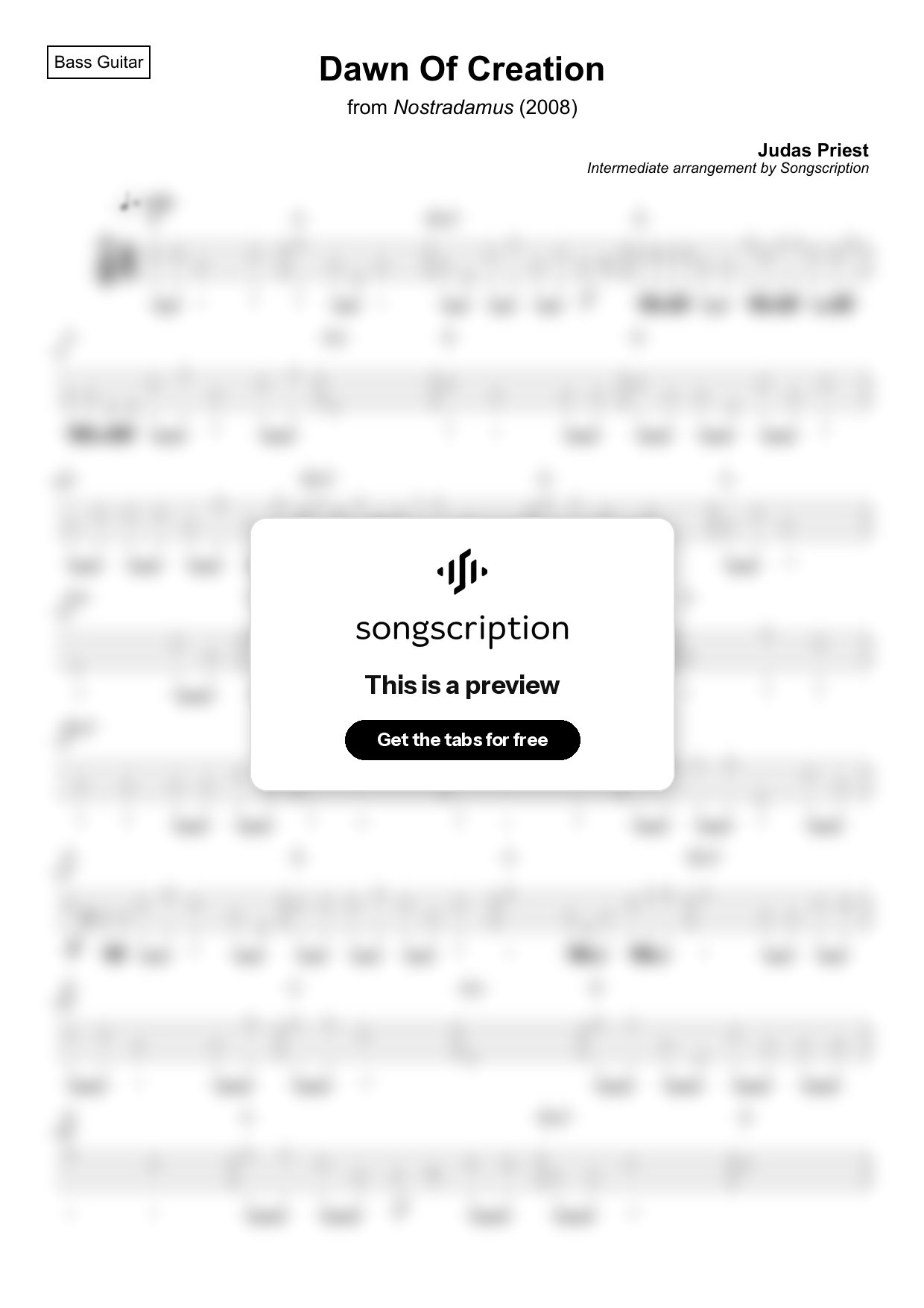 Intermediate Bass Guitar Tabs for "Dawn Of Creation" by Judas Priest