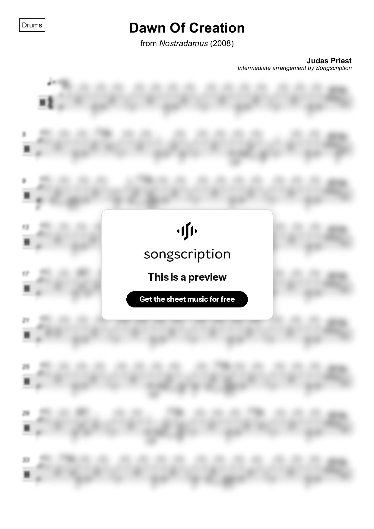 Intermediate Drums Sheet Music for "Dawn Of Creation" by Judas Priest