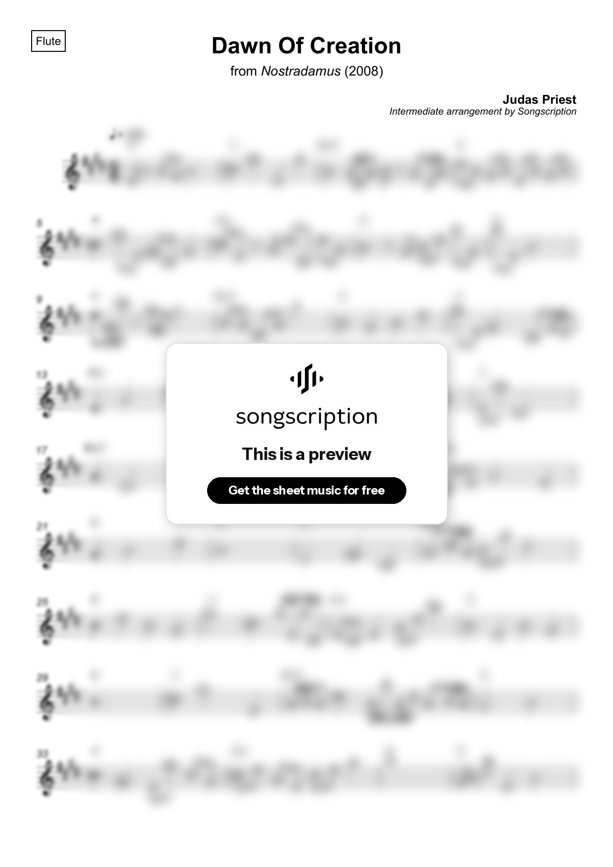 Intermediate Flute Sheet Music for "Dawn Of Creation" by Judas Priest