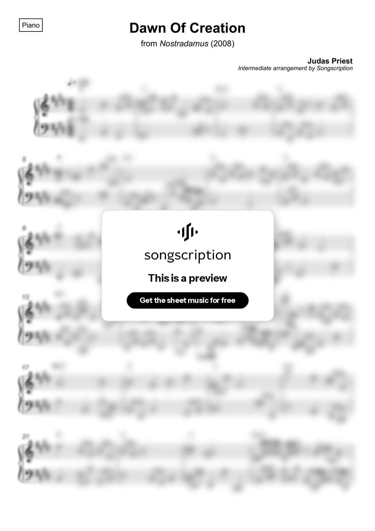 Intermediate Piano Sheet Music for "Dawn Of Creation" by Judas Priest