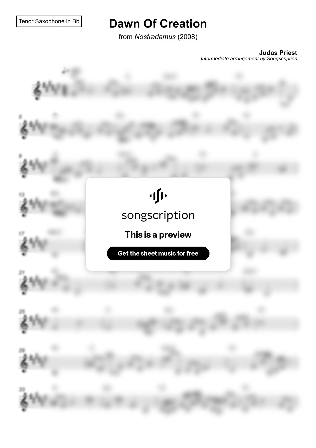 Intermediate Tenor Sax Sheet Music for "Dawn Of Creation" by Judas Priest