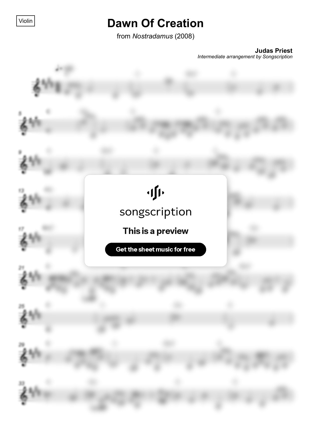 Intermediate Violin Sheet Music for "Dawn Of Creation" by Judas Priest