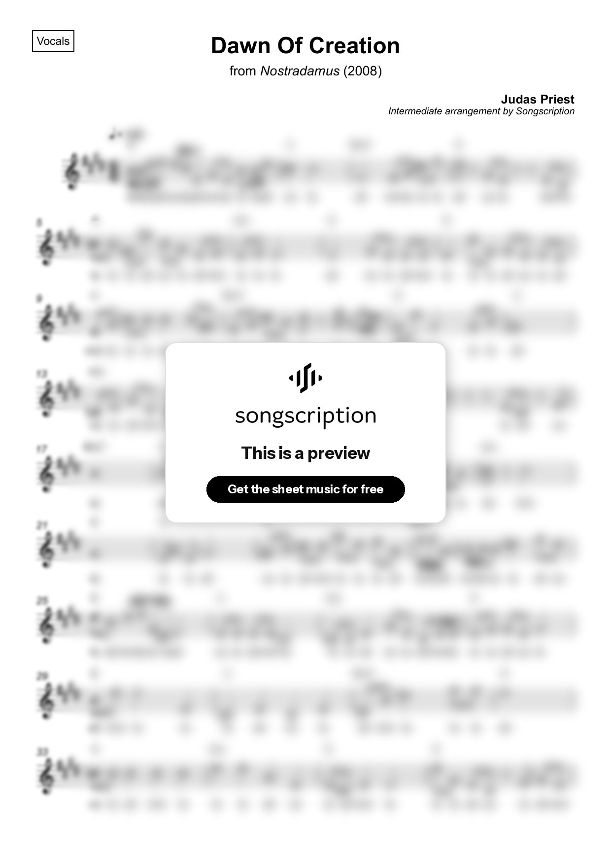 Intermediate Vocals Sheet Music for "Dawn Of Creation" by Judas Priest