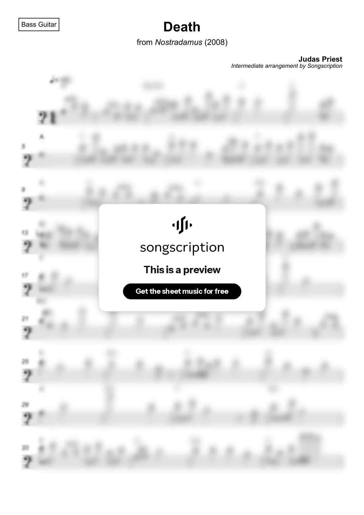 Intermediate Bass Guitar Sheet Music for "Death" by Judas Priest