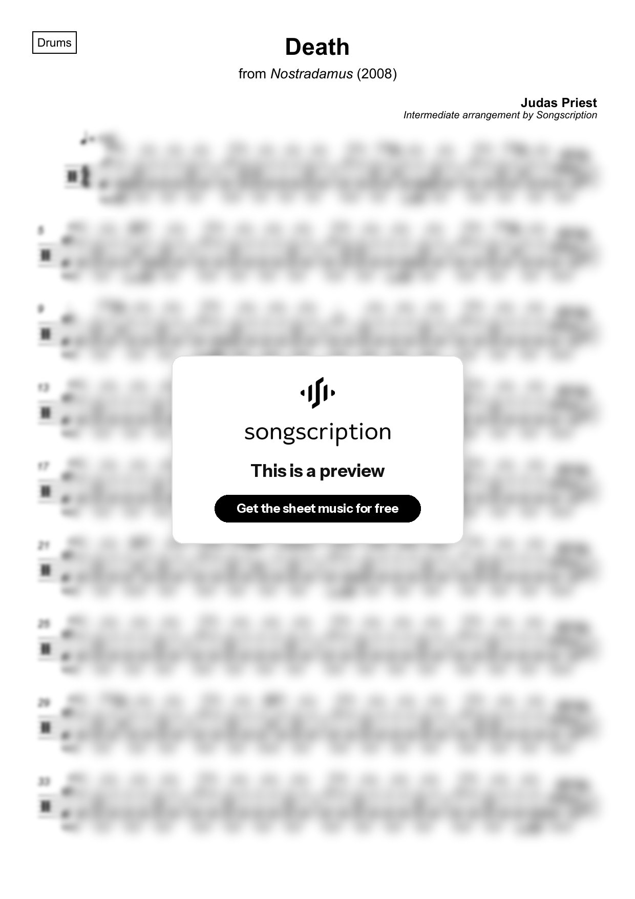 Intermediate Drums Sheet Music for "Death" by Judas Priest