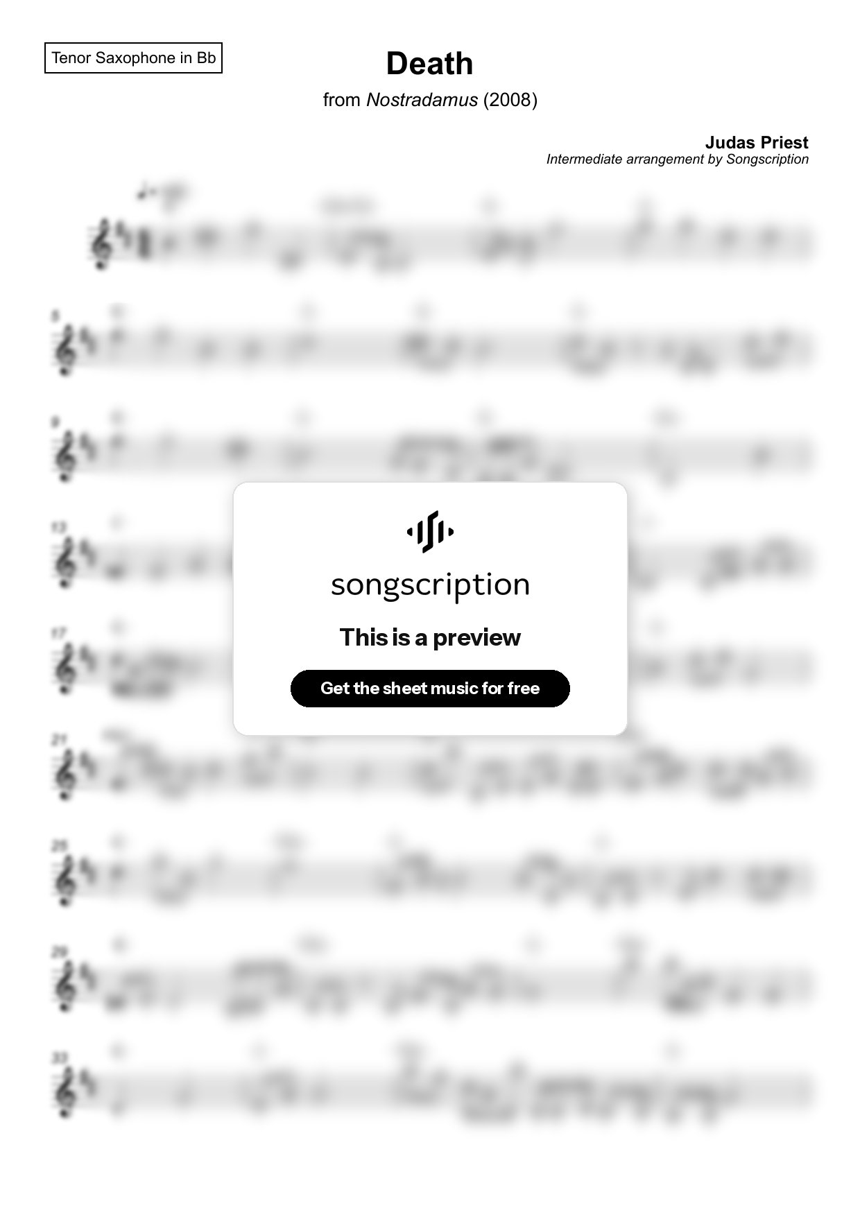 Intermediate Tenor Sax Sheet Music for "Death" by Judas Priest
