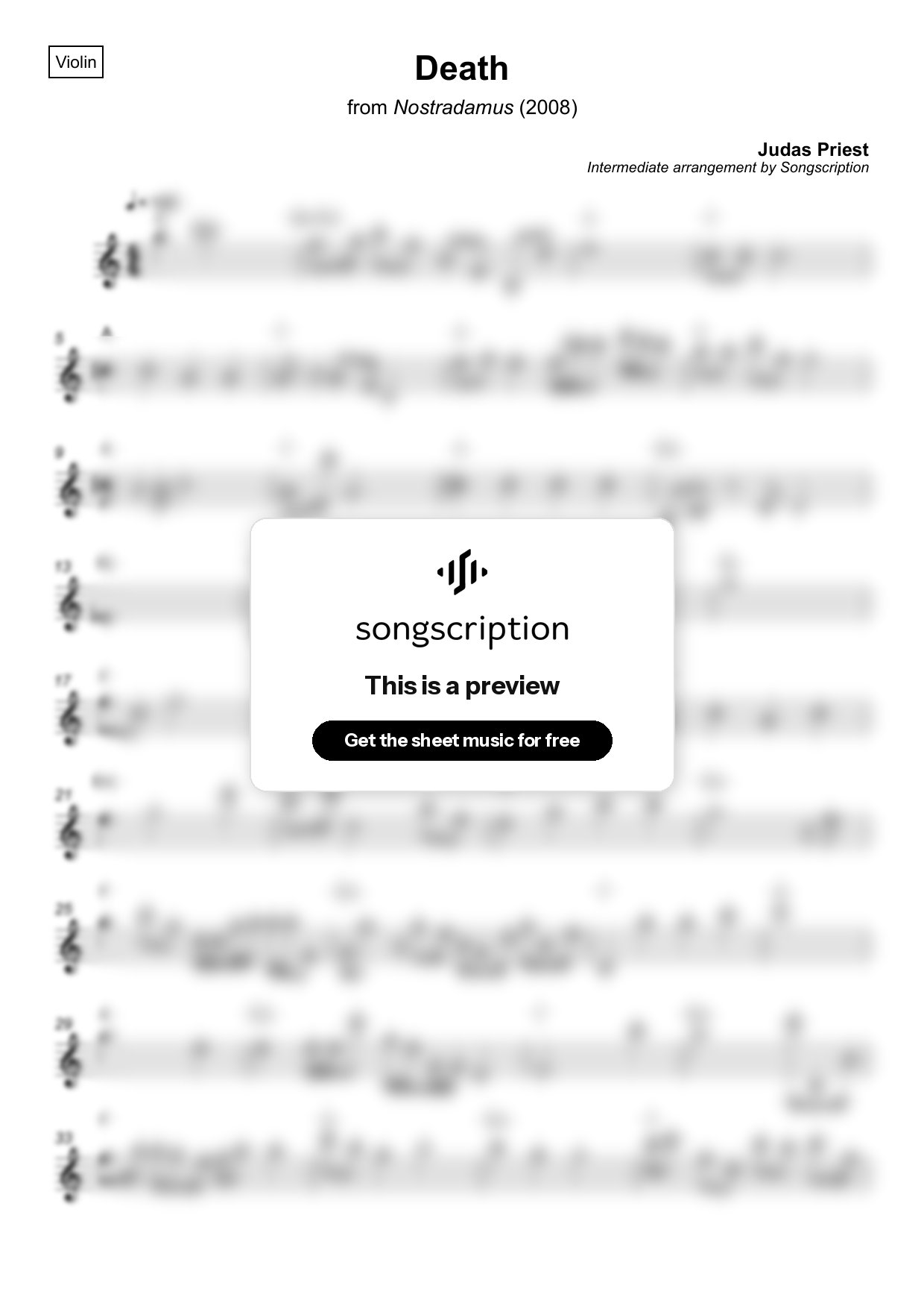 Intermediate Violin Sheet Music for "Death" by Judas Priest