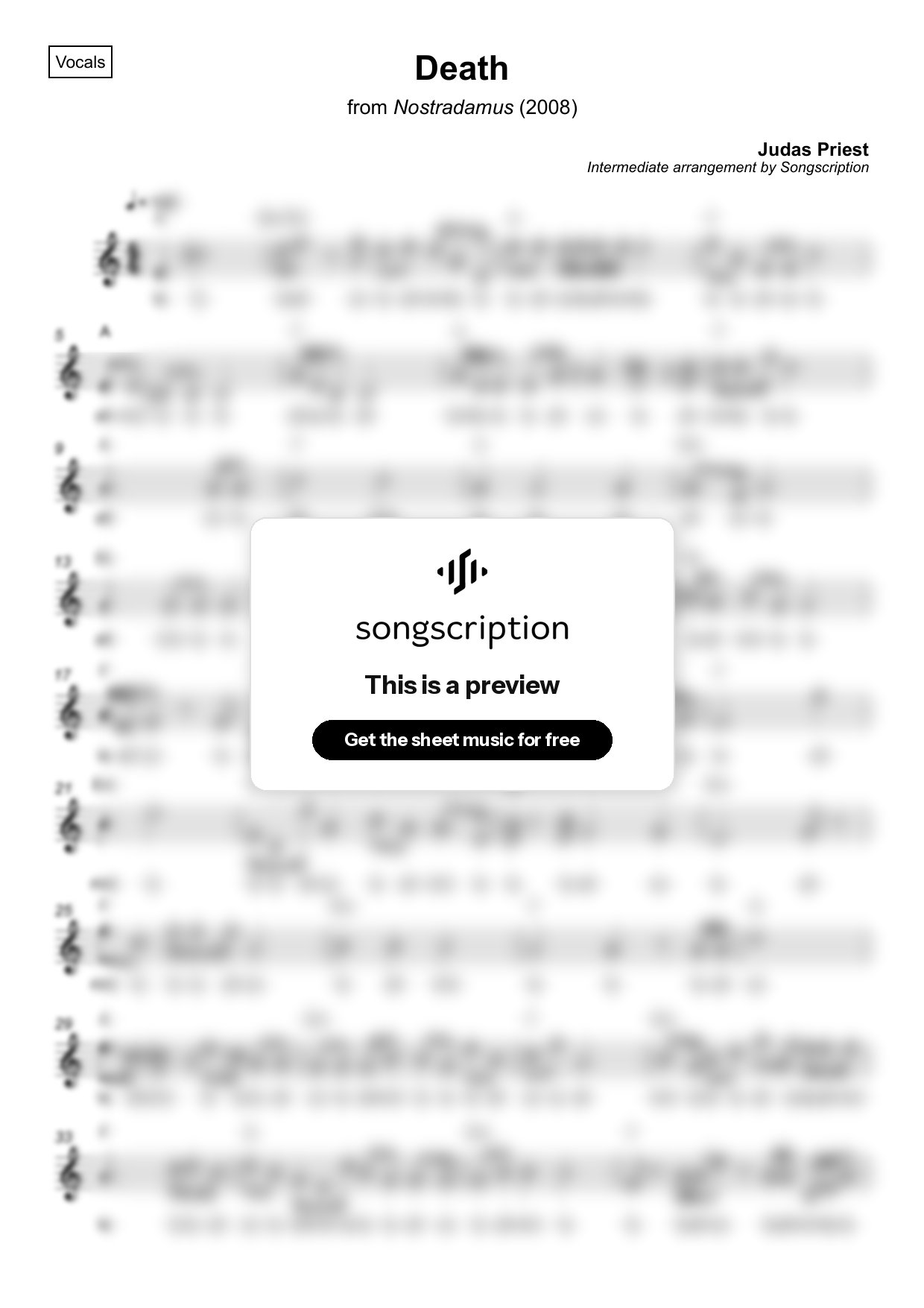 Intermediate Vocals Sheet Music for "Death" by Judas Priest