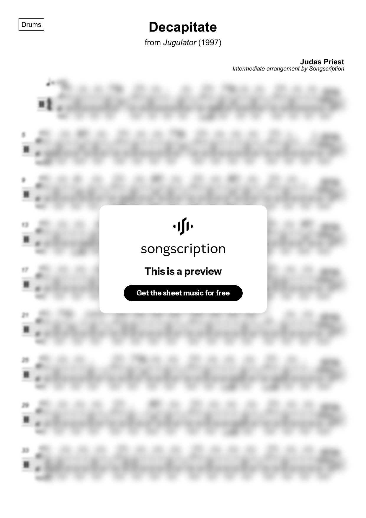 Intermediate Drums Sheet Music for "Decapitate" by Judas Priest