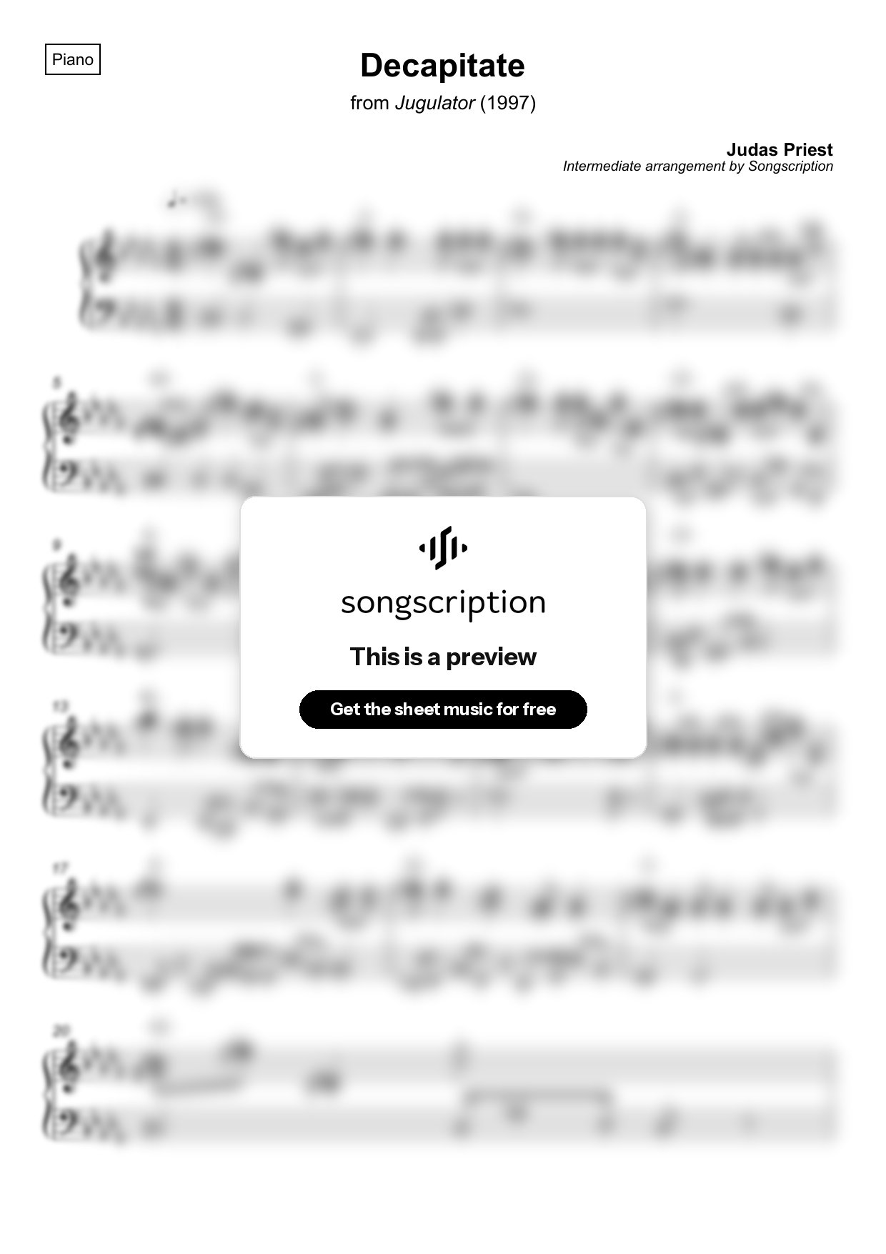 Intermediate Piano Sheet Music for "Decapitate" by Judas Priest