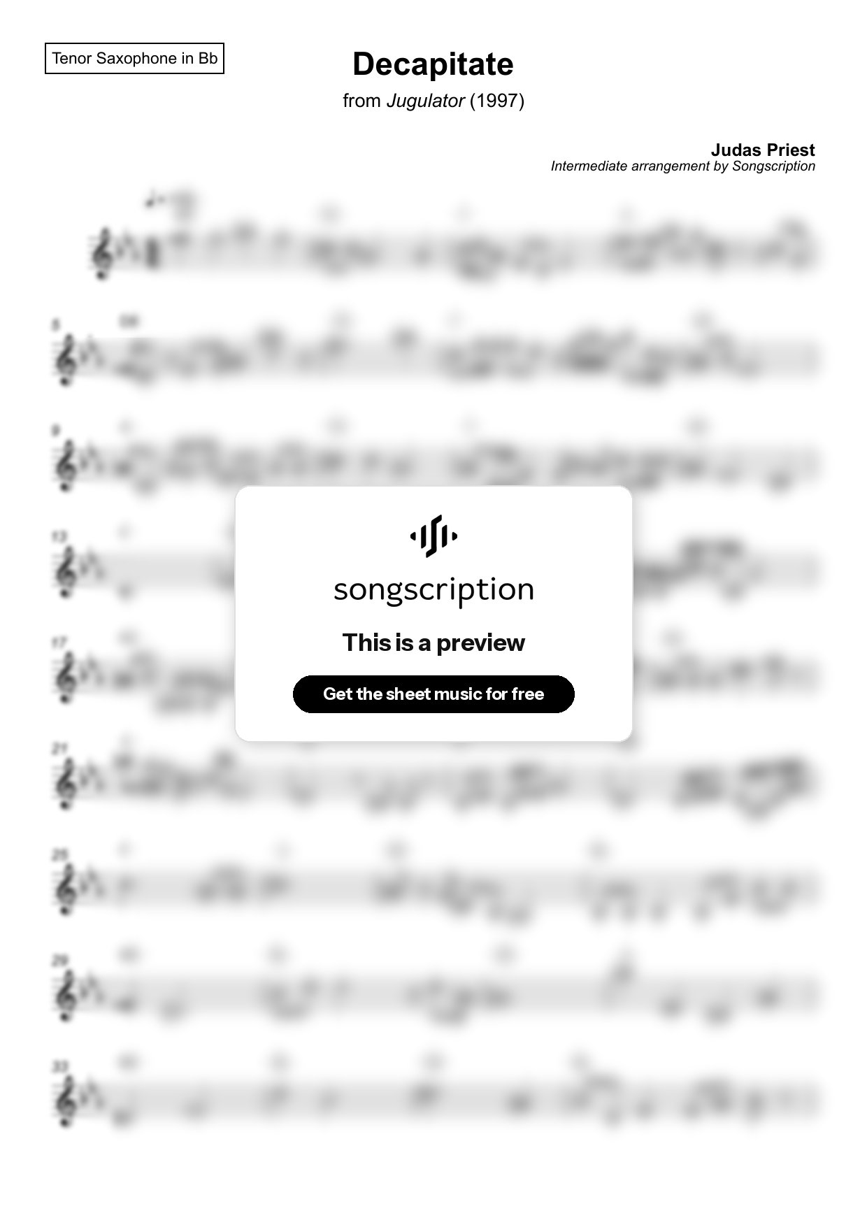 Intermediate Tenor Sax Sheet Music for "Decapitate" by Judas Priest