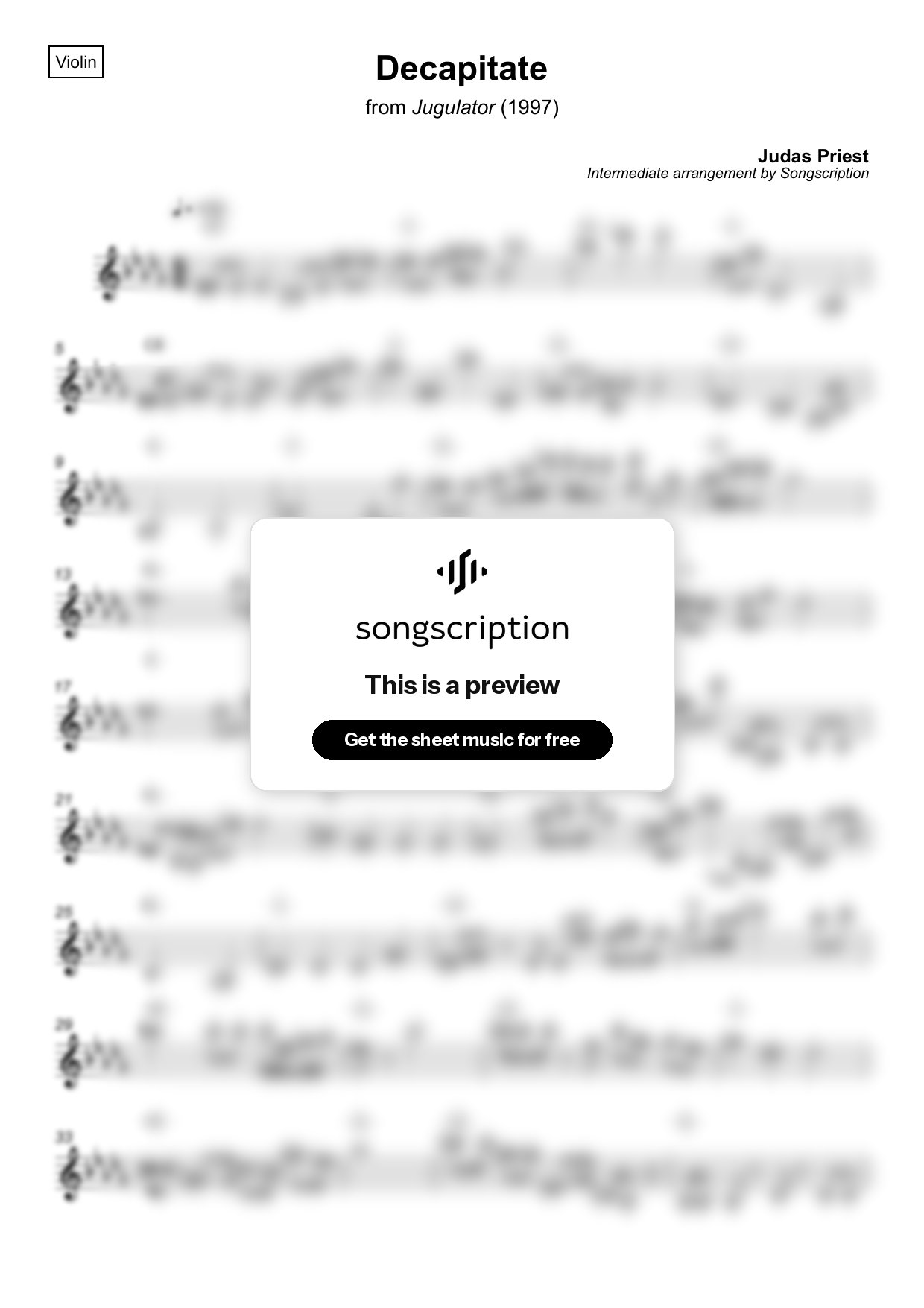 Intermediate Violin Sheet Music for "Decapitate" by Judas Priest
