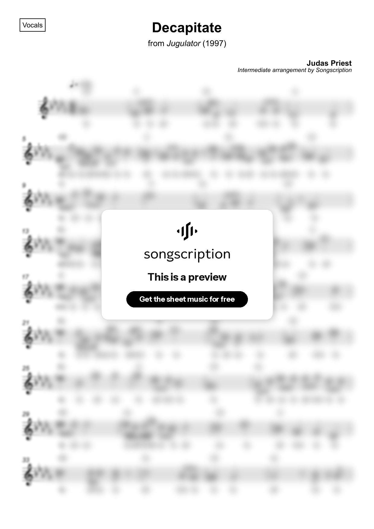 Intermediate Vocals Sheet Music for "Decapitate" by Judas Priest