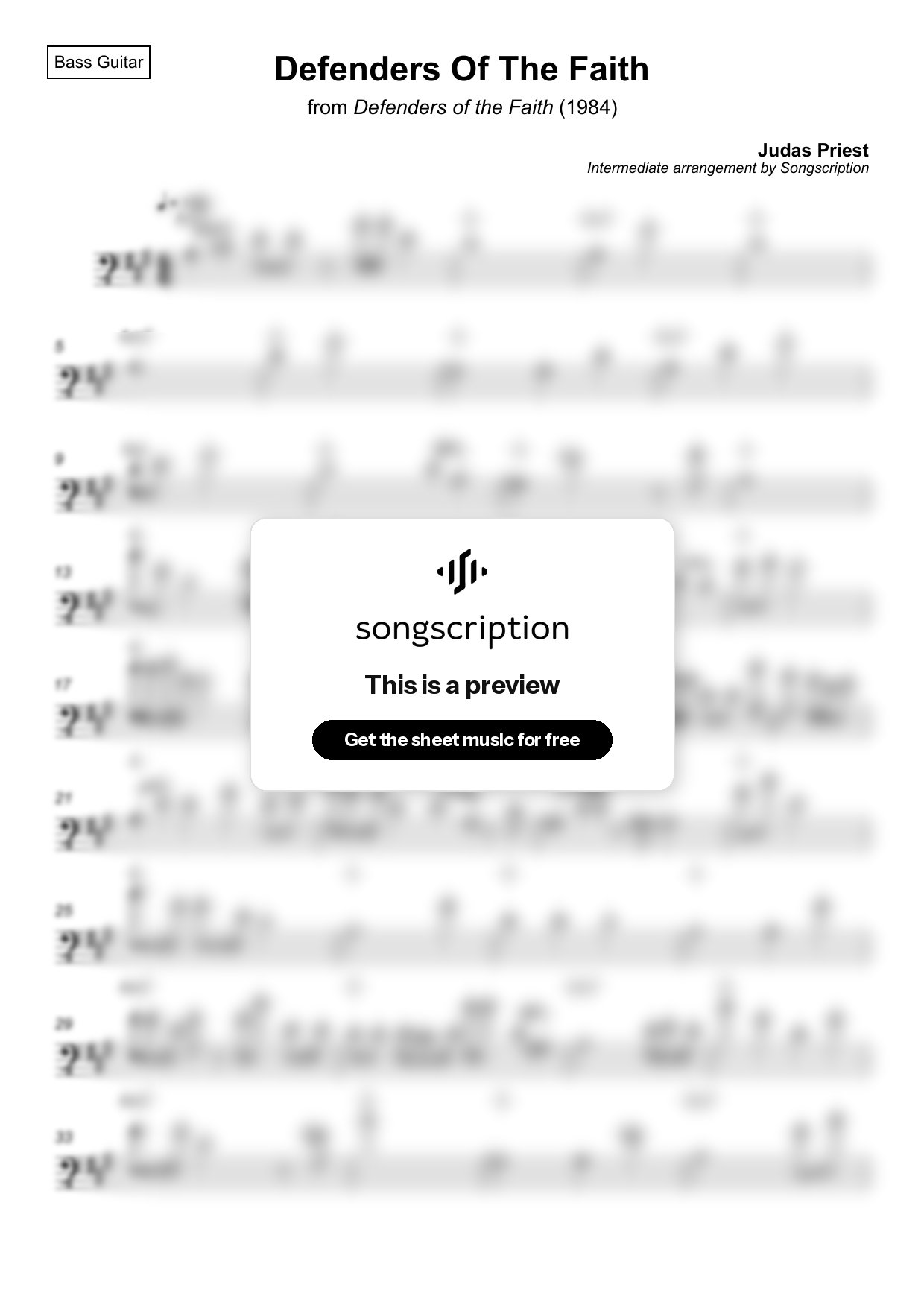 Intermediate Bass Guitar Sheet Music for "Defenders Of The Faith" by Judas Priest