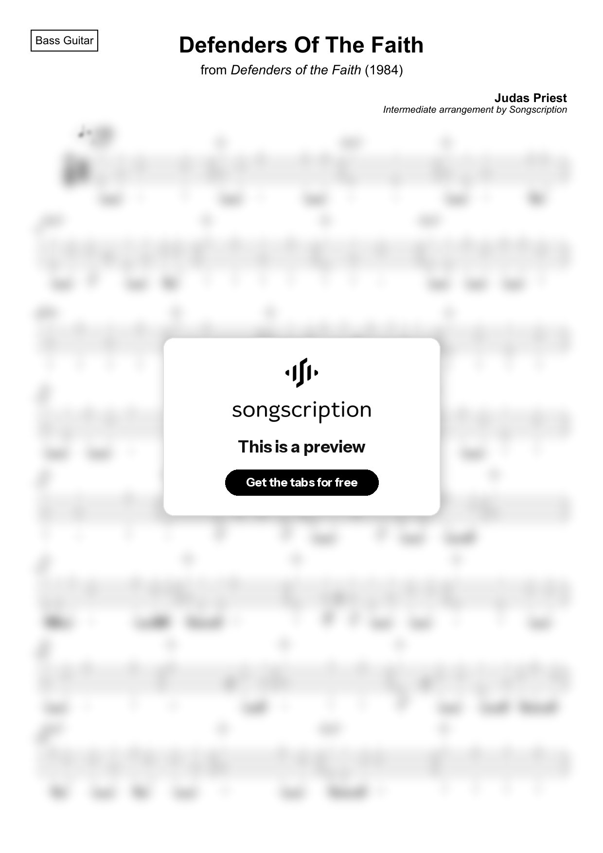 Intermediate Bass Guitar Tabs for "Defenders Of The Faith" by Judas Priest