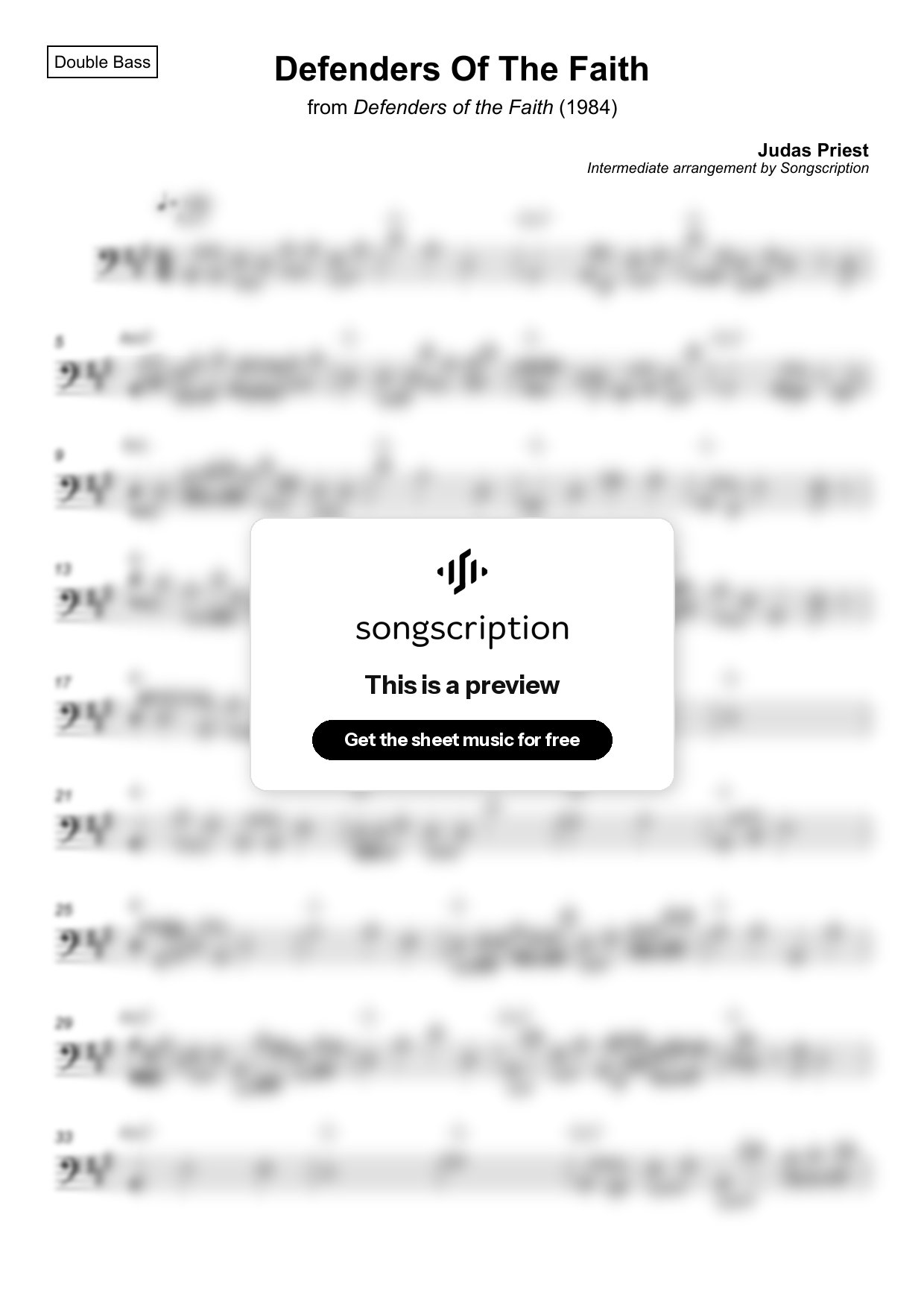 Intermediate Double Bass Sheet Music for "Defenders Of The Faith" by Judas Priest