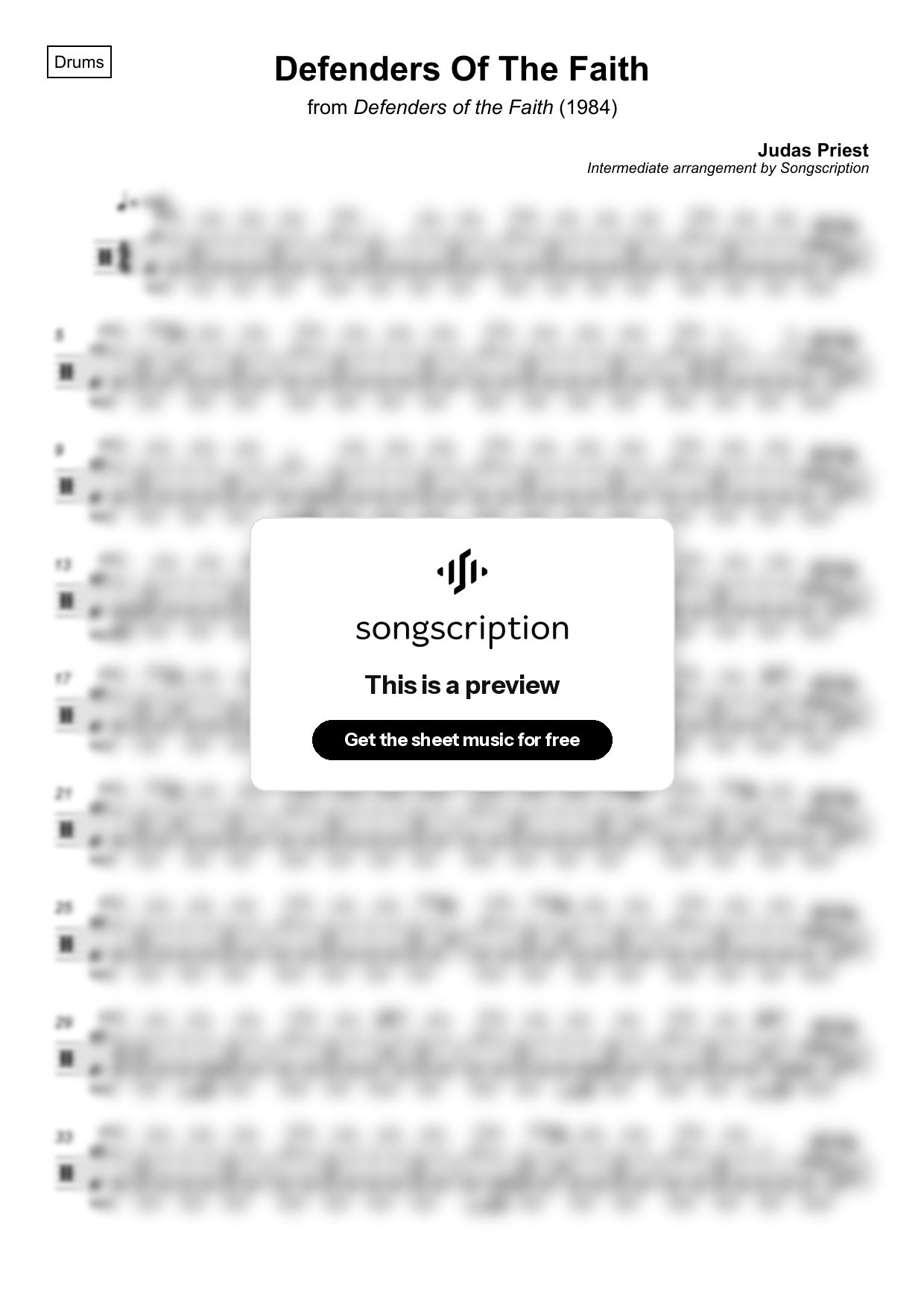 Intermediate Drums Sheet Music for "Defenders Of The Faith" by Judas Priest
