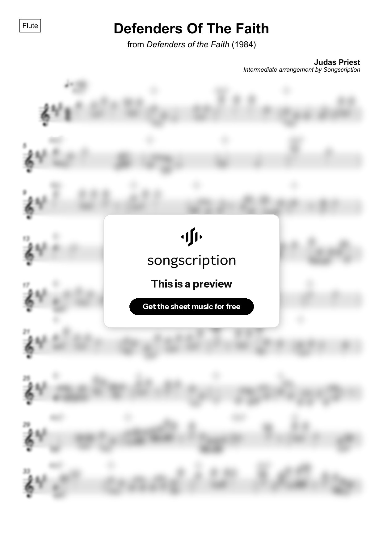 Intermediate Flute Sheet Music for "Defenders Of The Faith" by Judas Priest