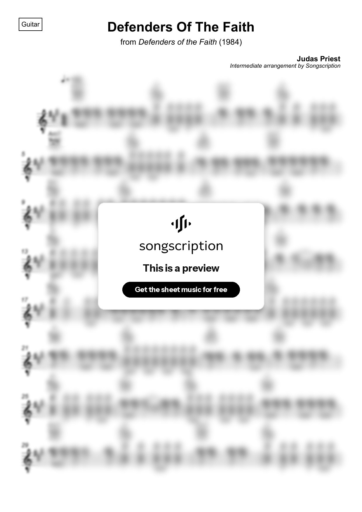 Intermediate Acoustic Guitar Sheet Music for "Defenders Of The Faith" by Judas Priest