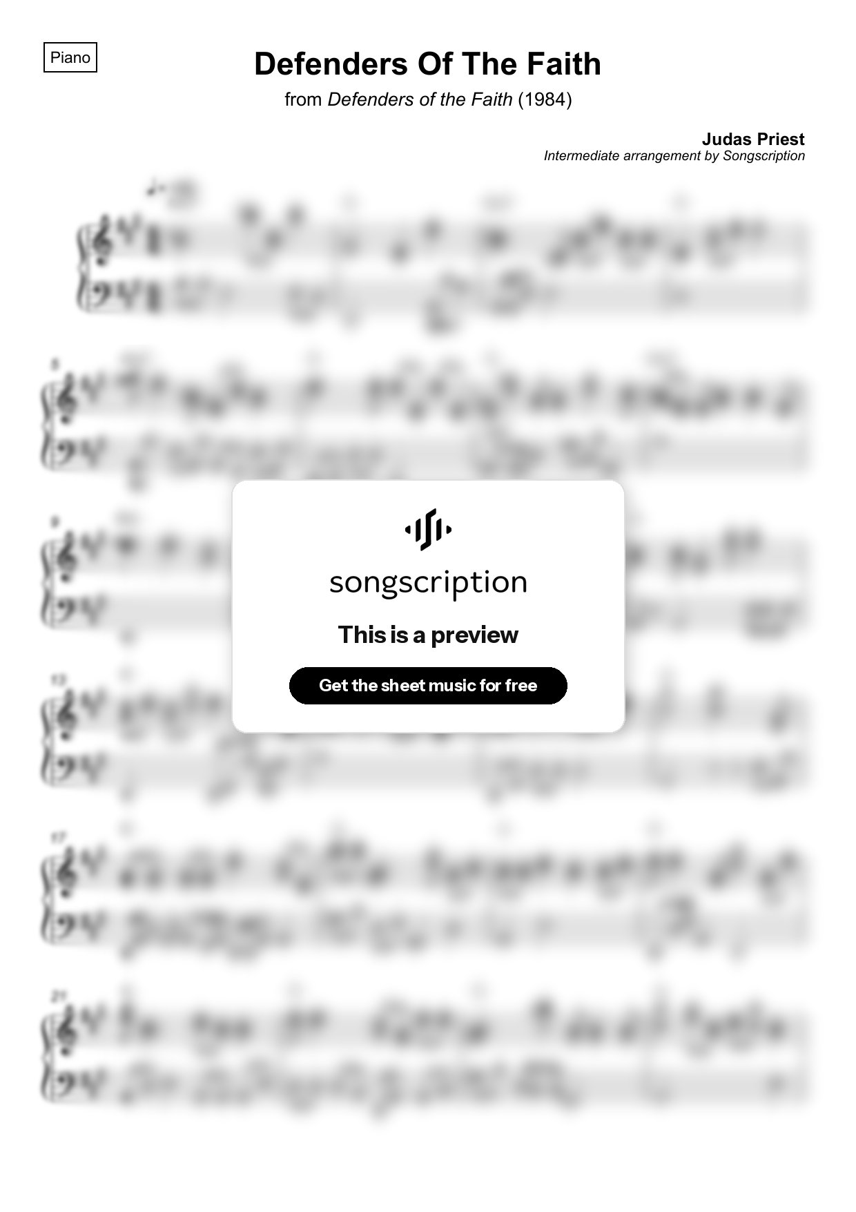 Intermediate Piano Sheet Music for "Defenders Of The Faith" by Judas Priest
