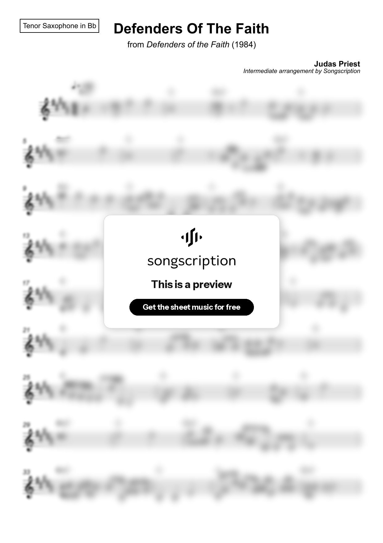Intermediate Tenor Sax Sheet Music for "Defenders Of The Faith" by Judas Priest