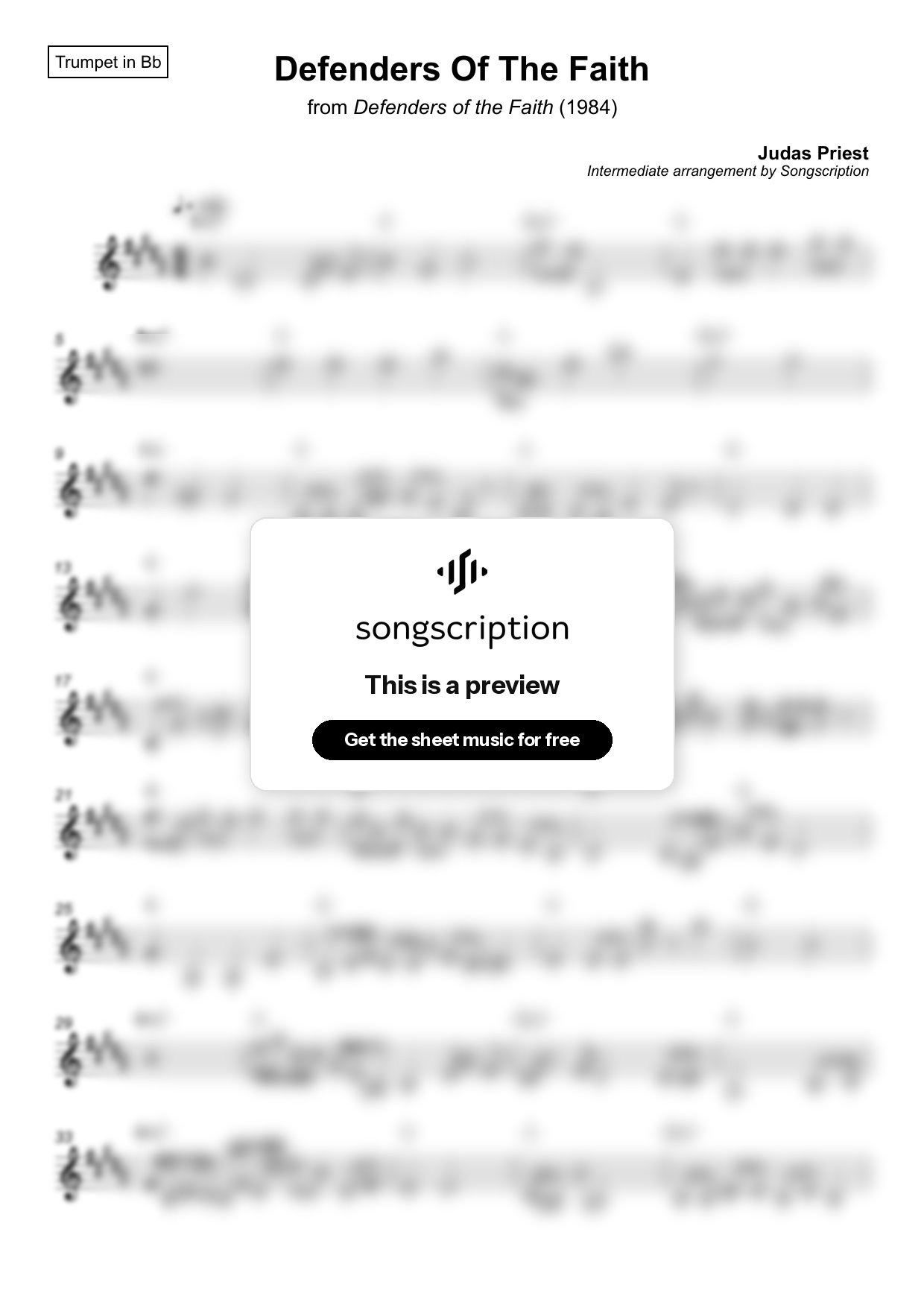 Intermediate Trumpet Sheet Music for "Defenders Of The Faith" by Judas Priest