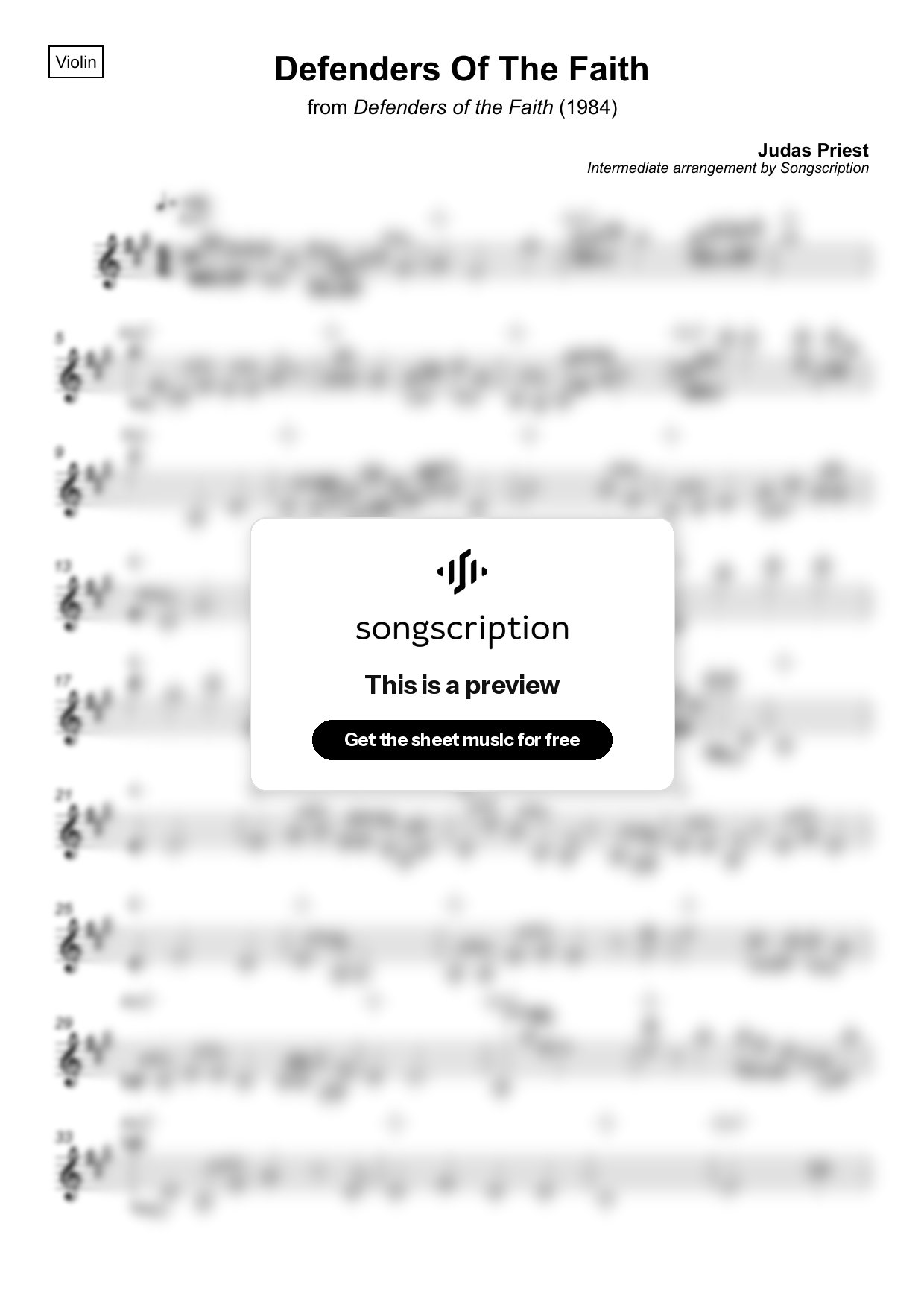 Intermediate Violin Sheet Music for "Defenders Of The Faith" by Judas Priest