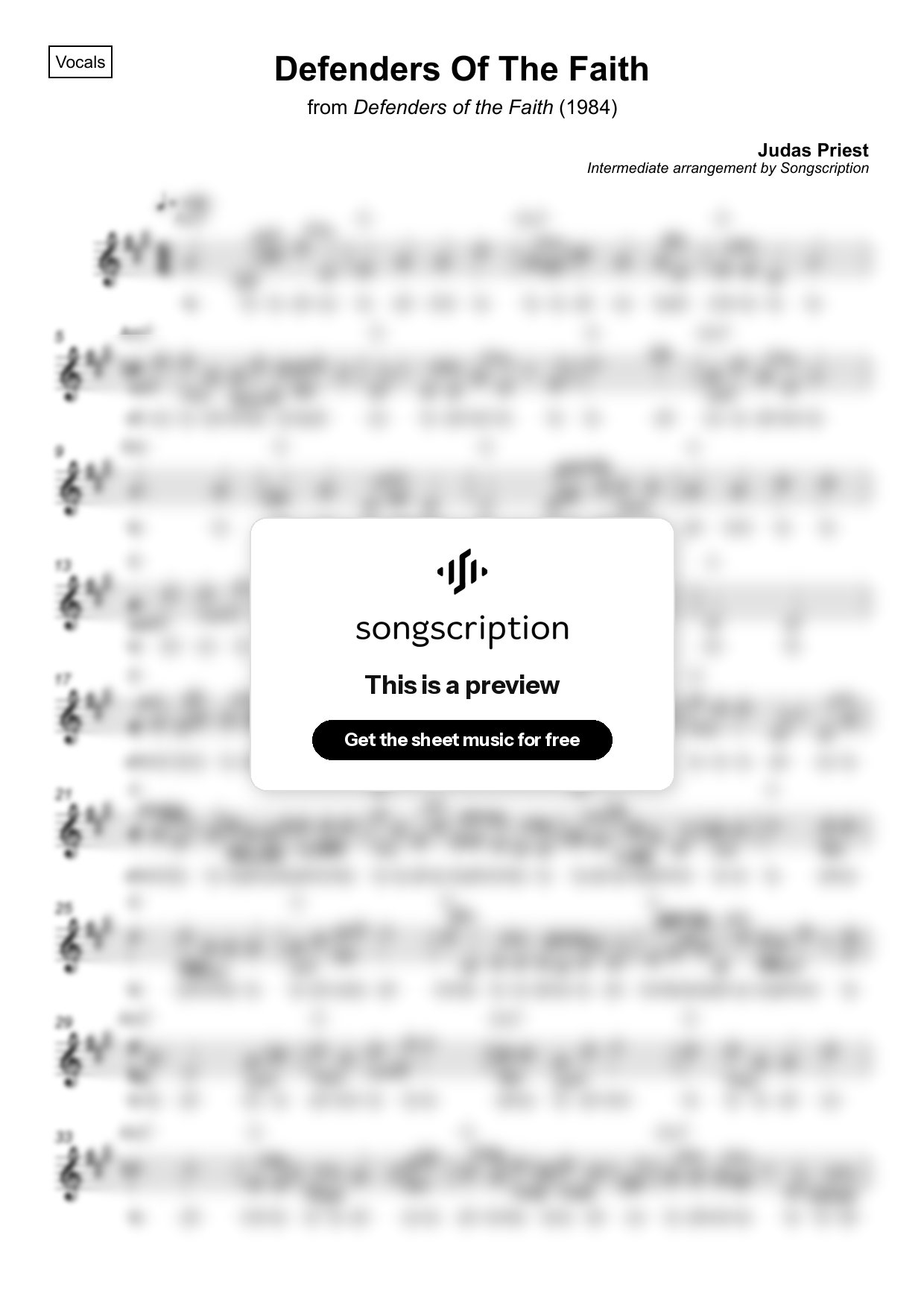 Intermediate Vocals Sheet Music for "Defenders Of The Faith" by Judas Priest