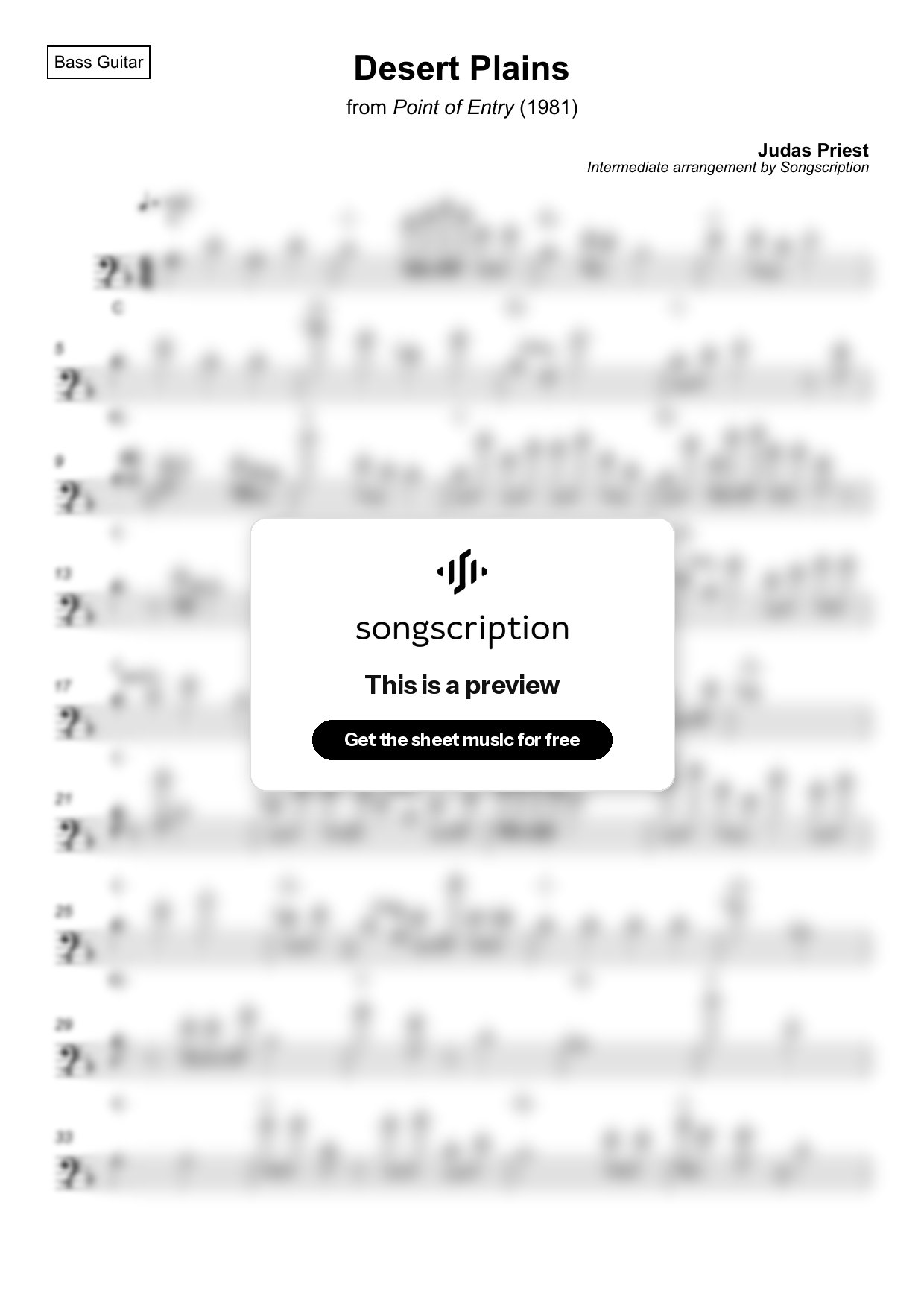 Intermediate Bass Guitar Sheet Music for "Desert Plains" by Judas Priest