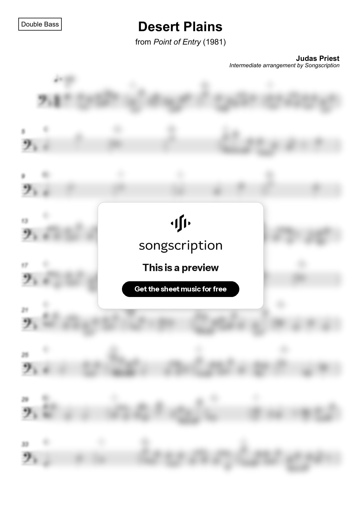Intermediate Double Bass Sheet Music for "Desert Plains" by Judas Priest