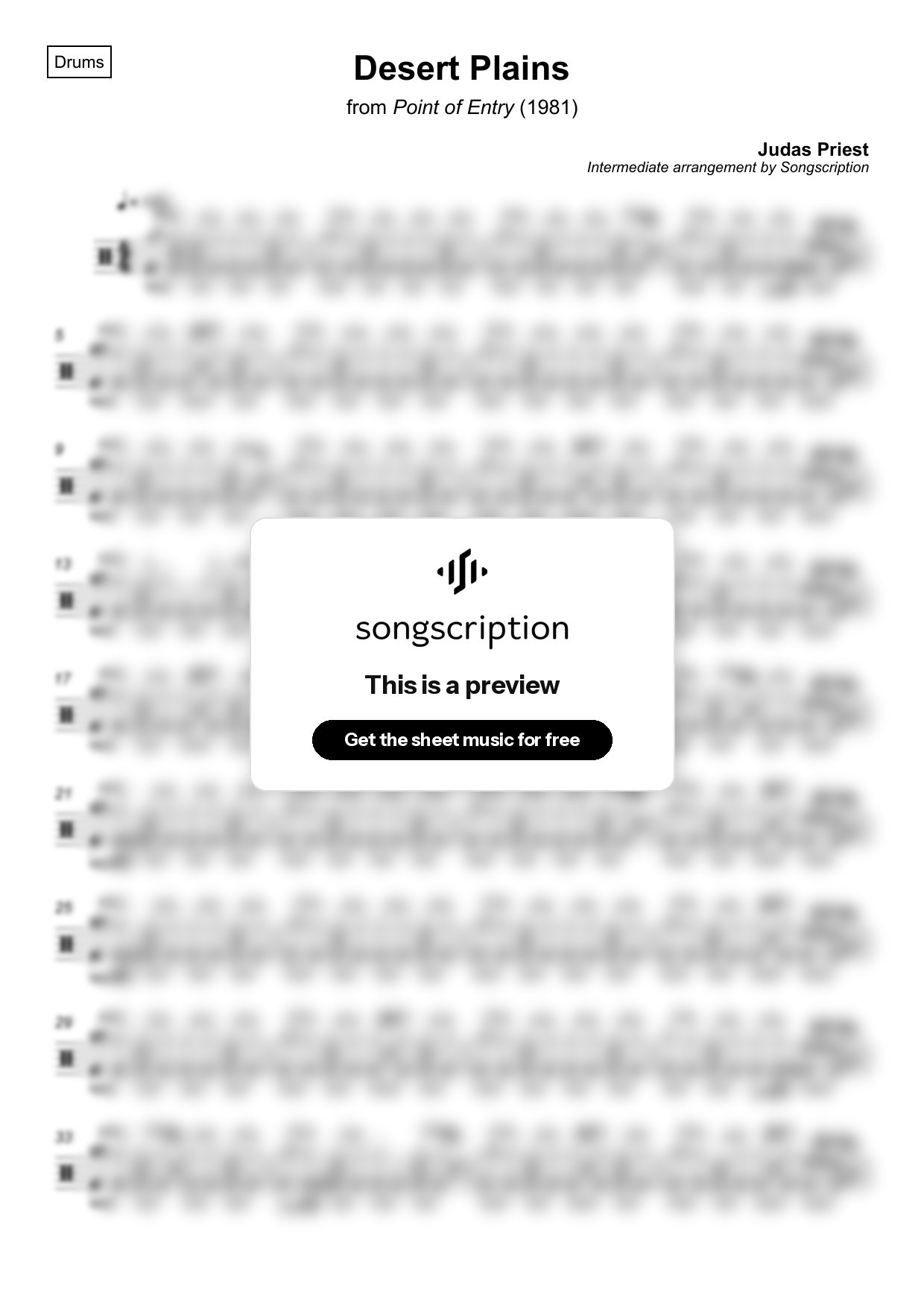 Intermediate Drums Sheet Music for "Desert Plains" by Judas Priest