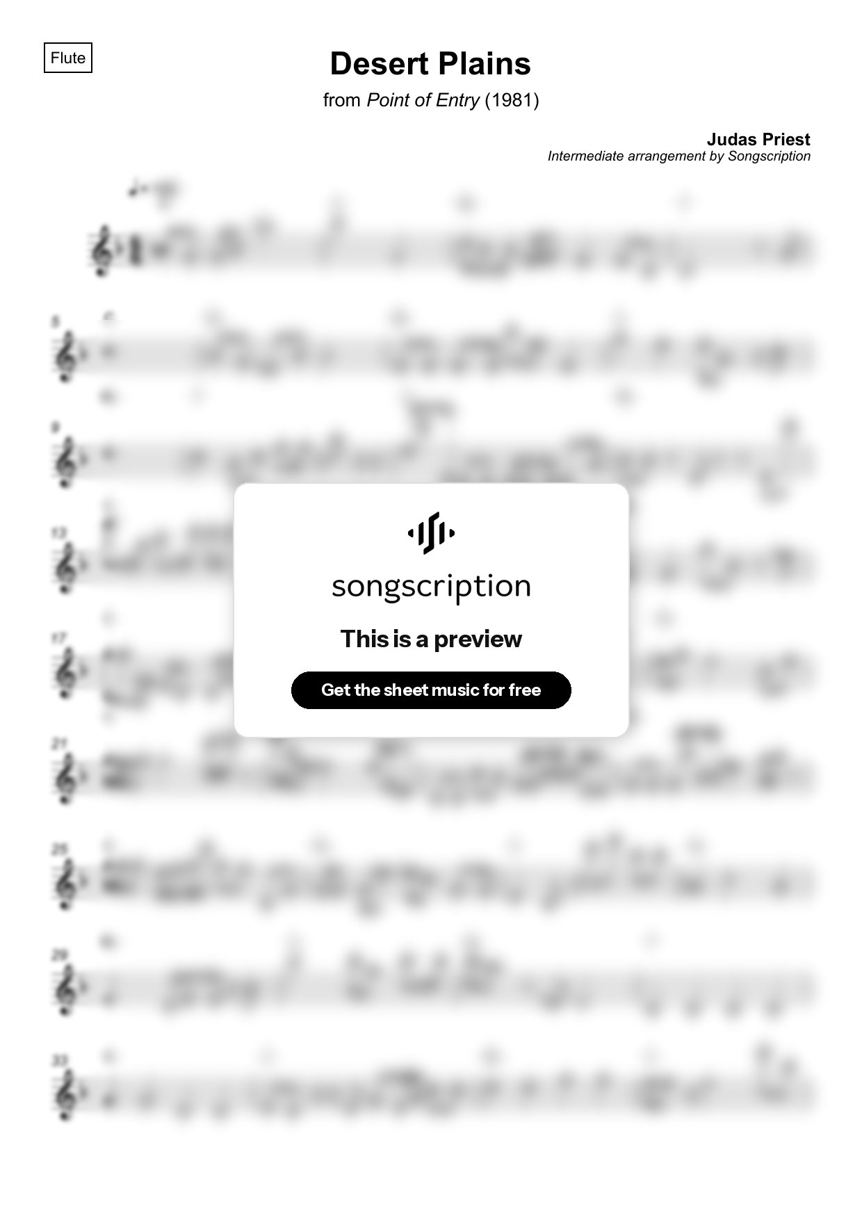 Intermediate Flute Sheet Music for "Desert Plains" by Judas Priest