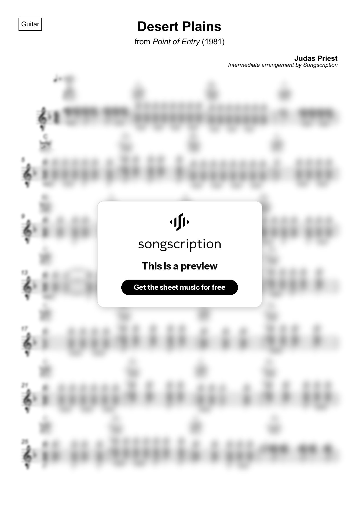 Intermediate Acoustic Guitar Sheet Music for "Desert Plains" by Judas Priest