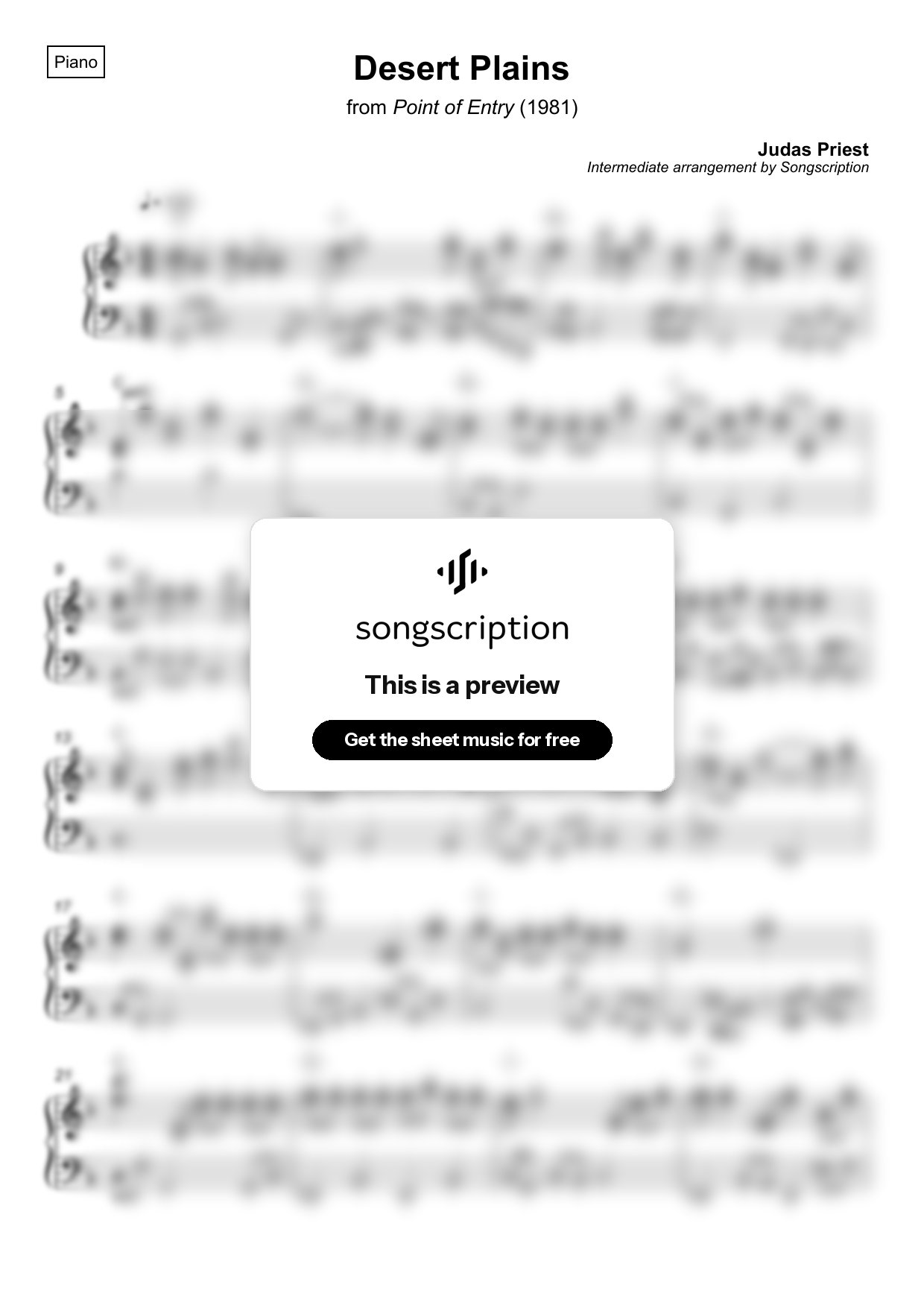Intermediate Piano Sheet Music for "Desert Plains" by Judas Priest