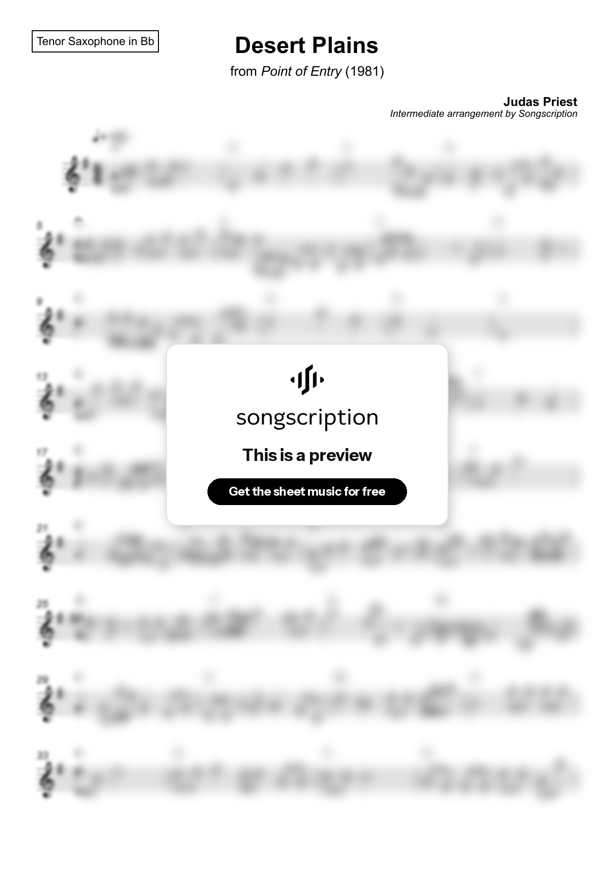 Intermediate Tenor Sax Sheet Music for "Desert Plains" by Judas Priest