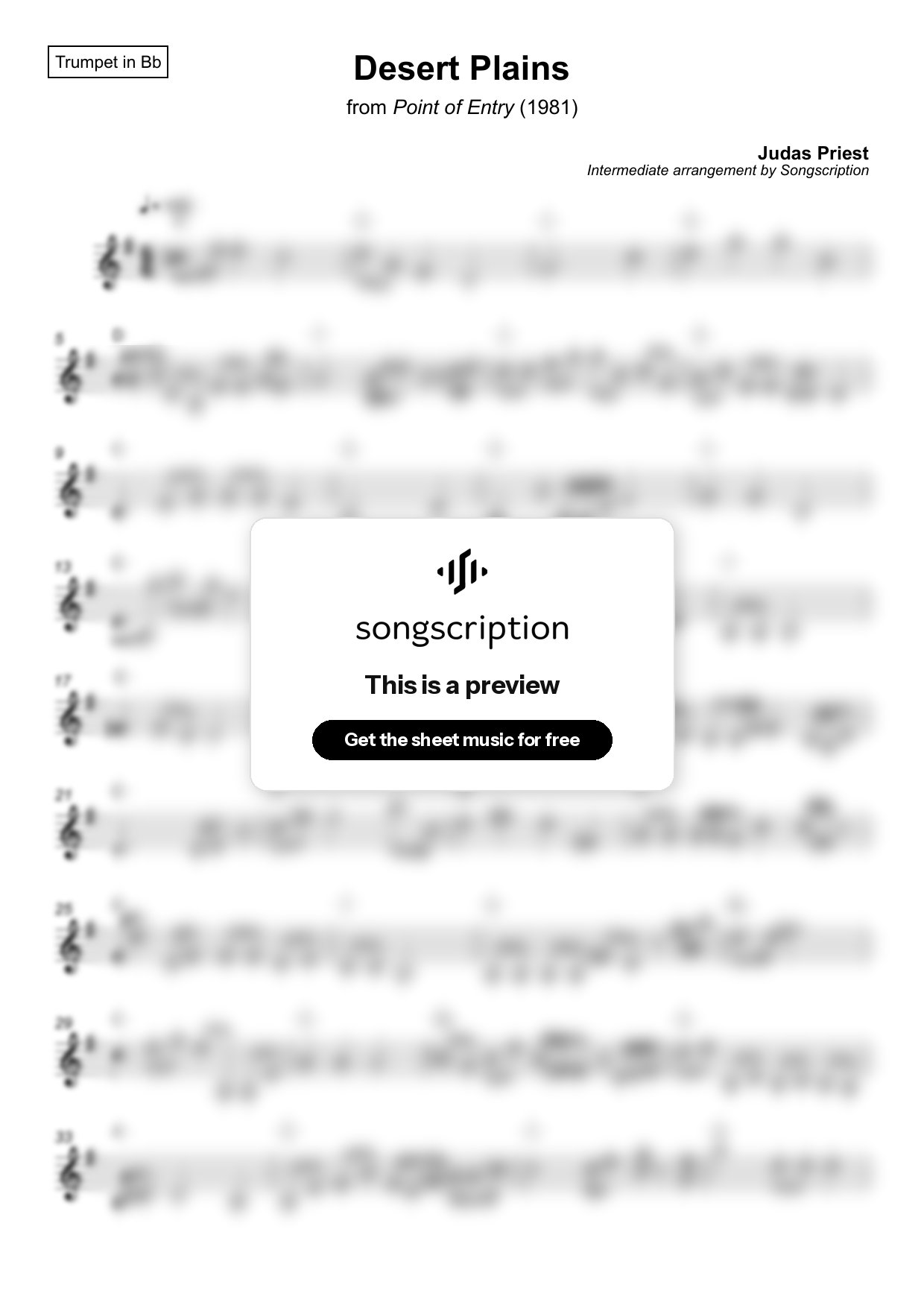 Intermediate Trumpet Sheet Music for "Desert Plains" by Judas Priest