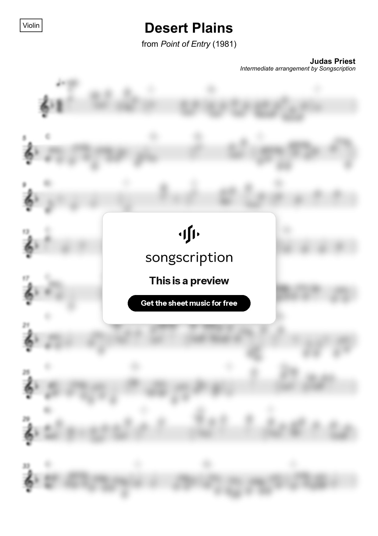 Intermediate Violin Sheet Music for "Desert Plains" by Judas Priest