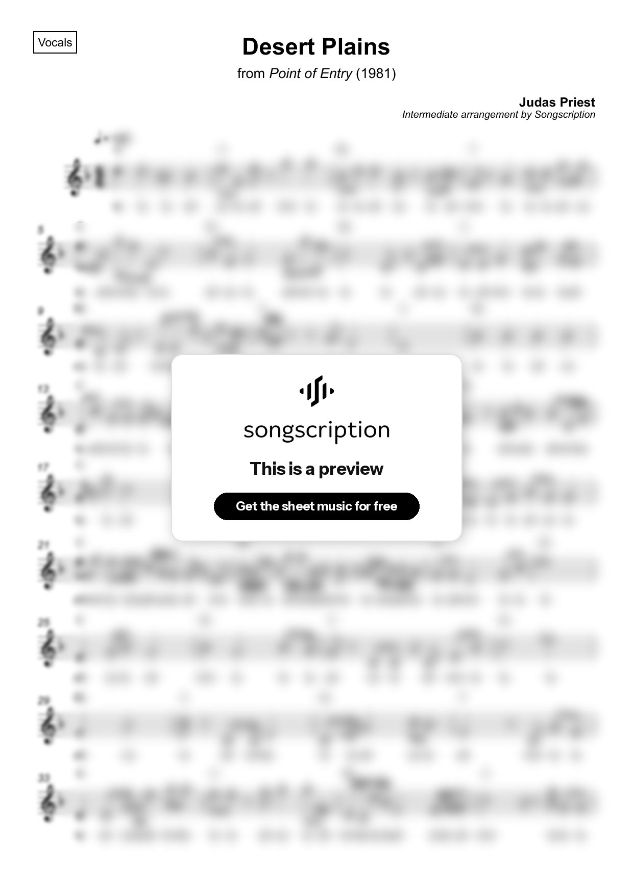 Intermediate Vocals Sheet Music for "Desert Plains" by Judas Priest