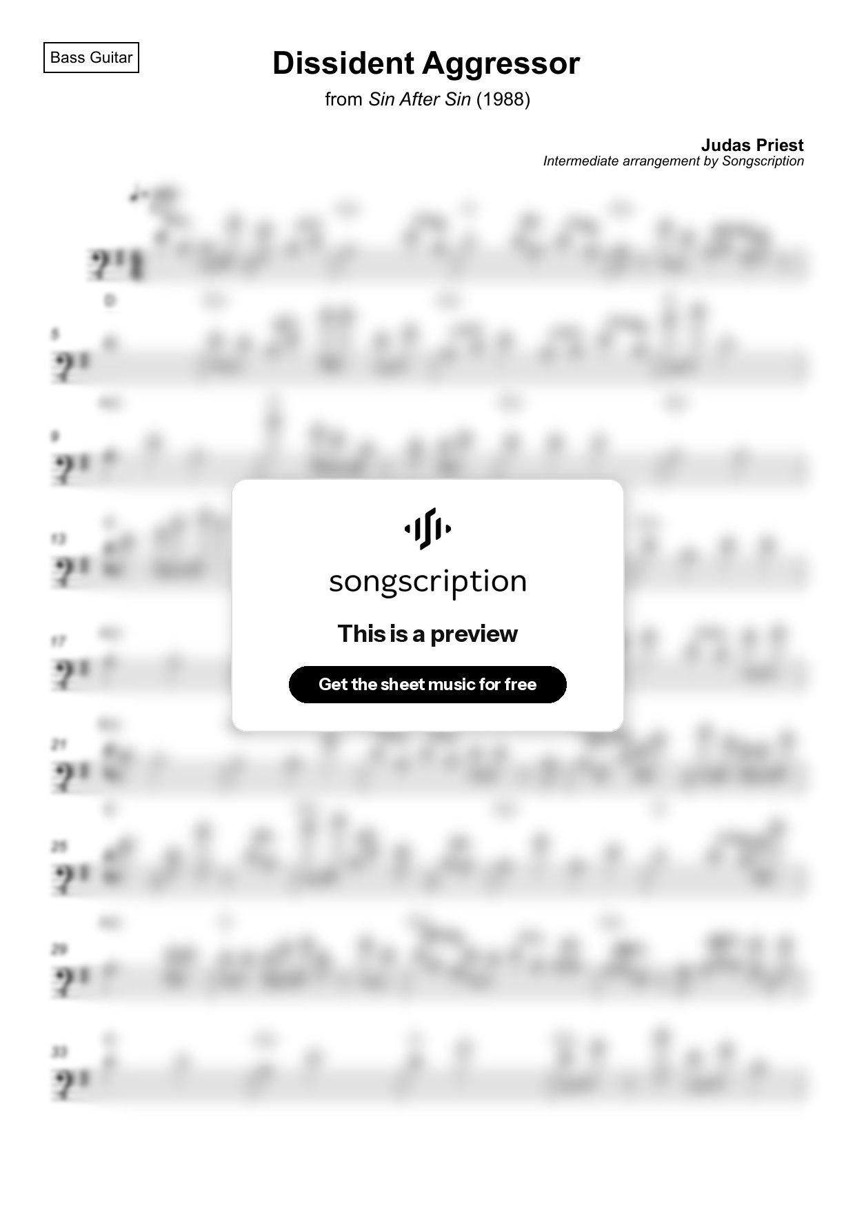 Intermediate Bass Guitar Sheet Music for "Dissident Aggressor" by Judas Priest