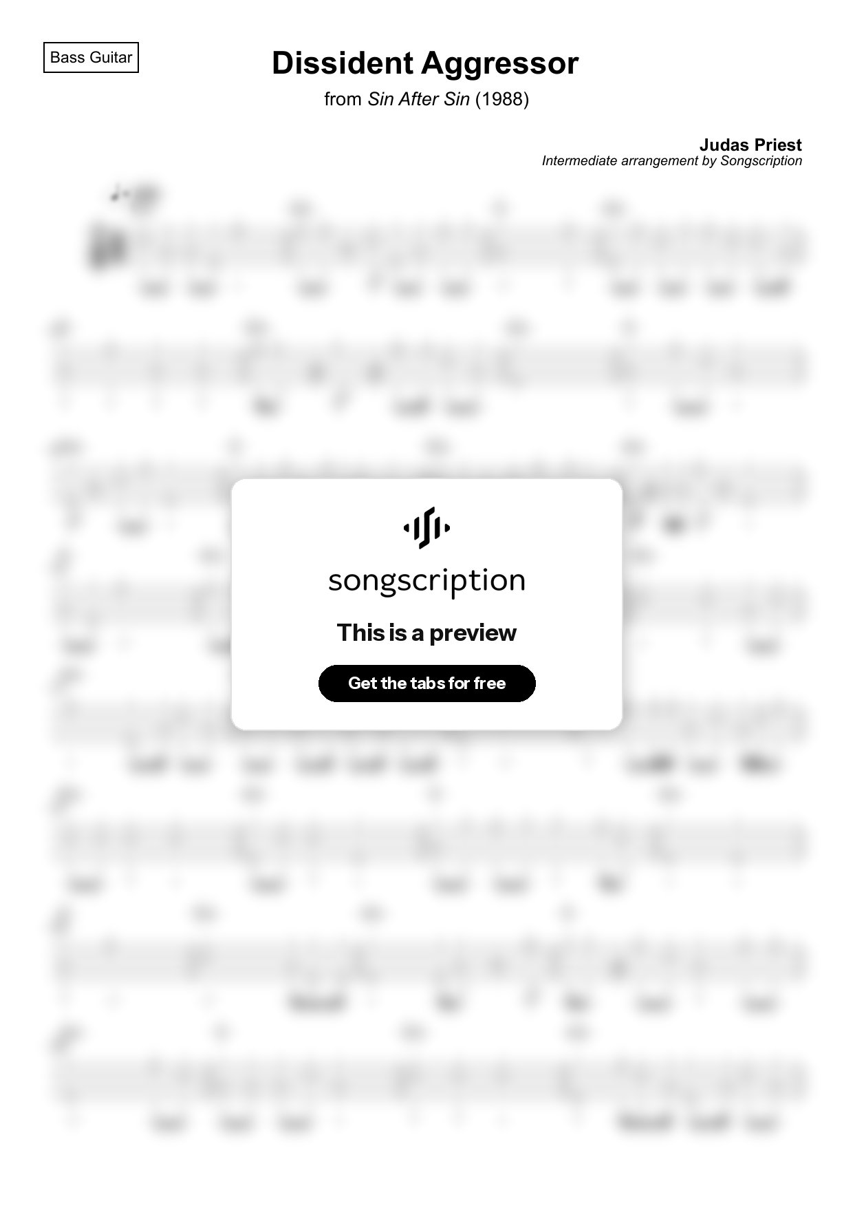 Intermediate Bass Guitar Tabs for "Dissident Aggressor" by Judas Priest