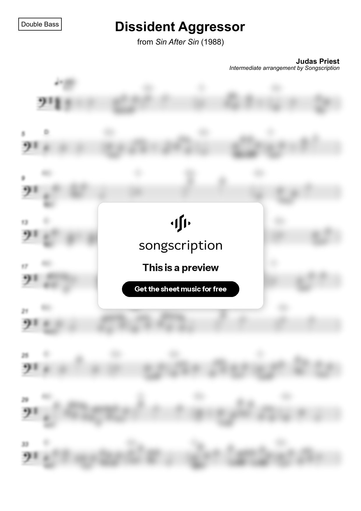 Intermediate Double Bass Sheet Music for "Dissident Aggressor" by Judas Priest