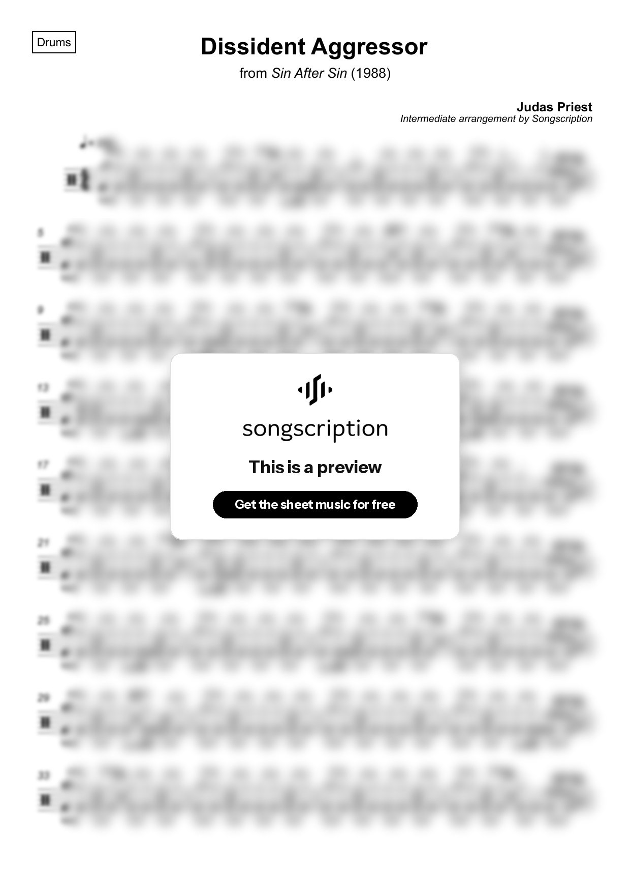 Intermediate Drums Sheet Music for "Dissident Aggressor" by Judas Priest