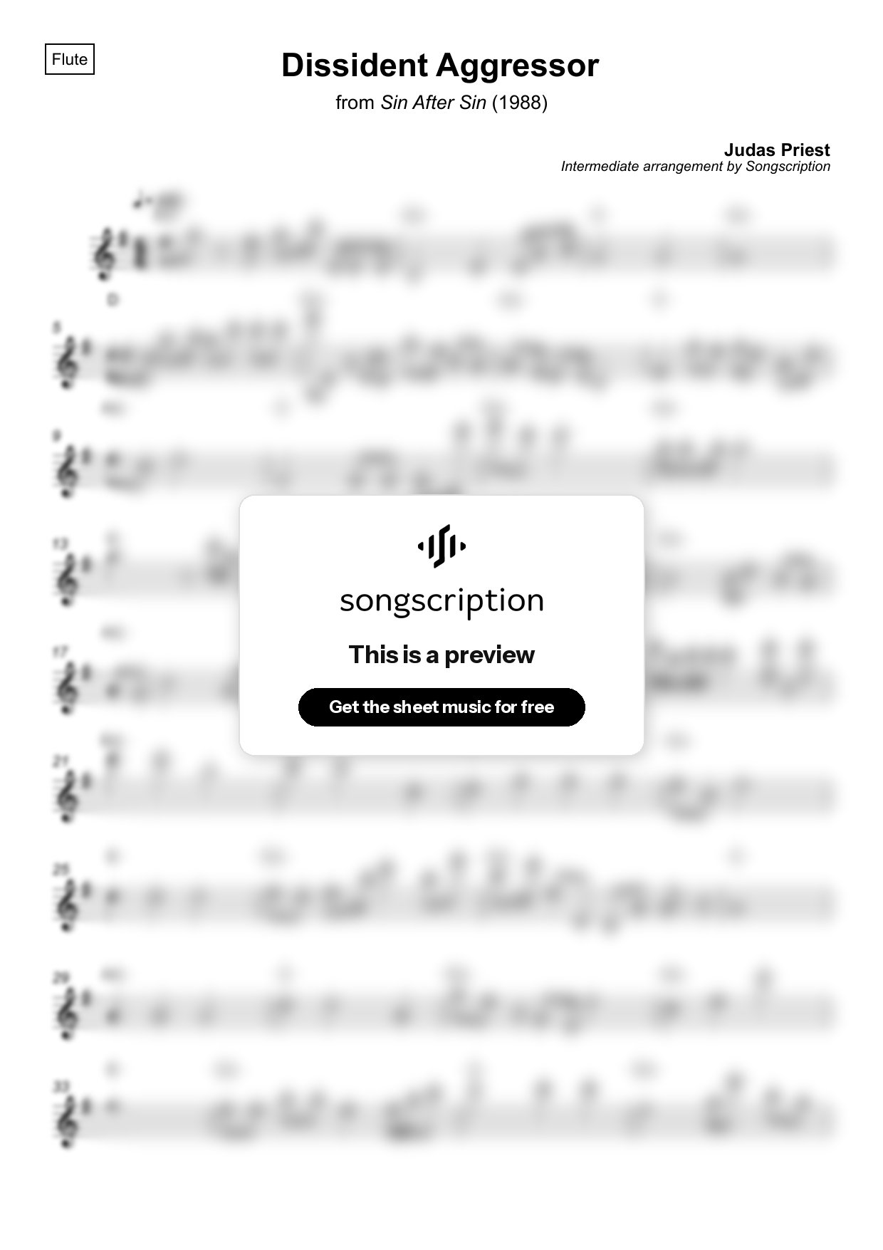 Intermediate Flute Sheet Music for "Dissident Aggressor" by Judas Priest