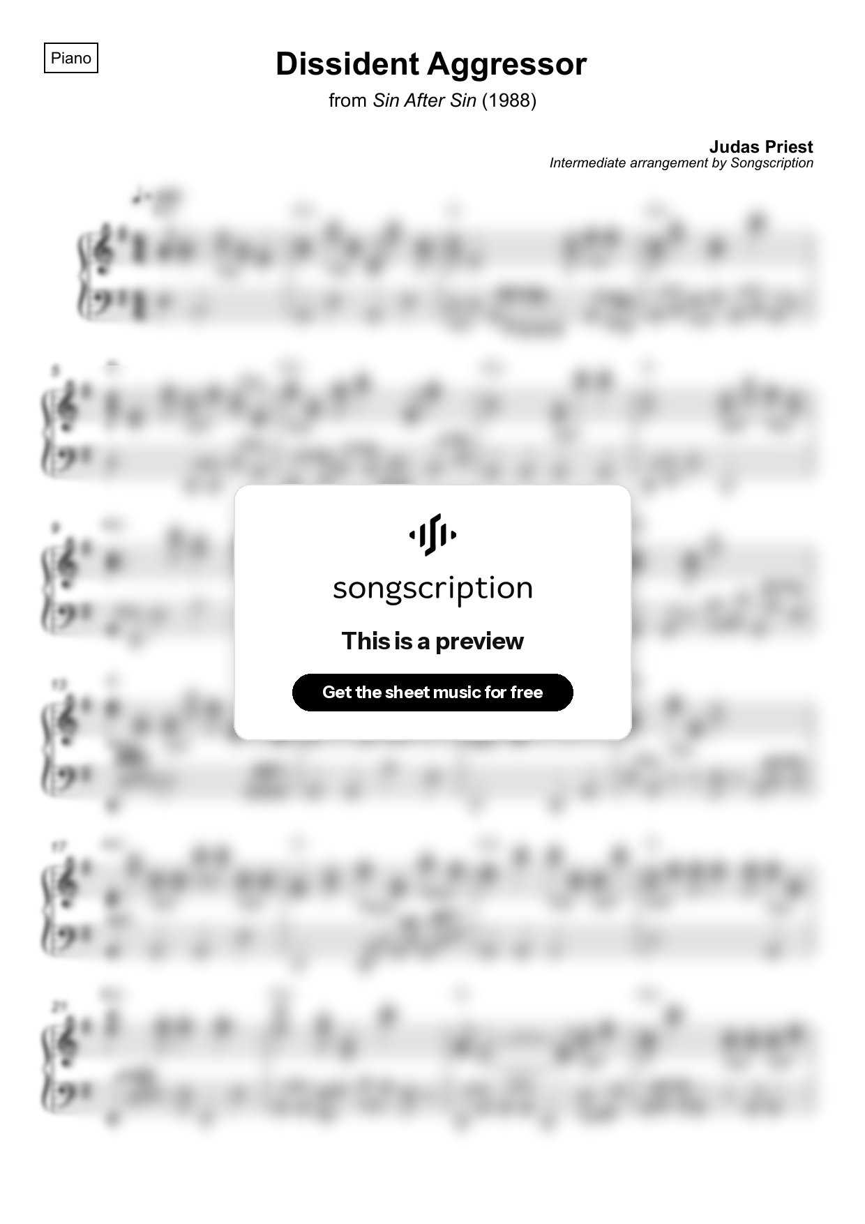 Intermediate Piano Sheet Music for "Dissident Aggressor" by Judas Priest