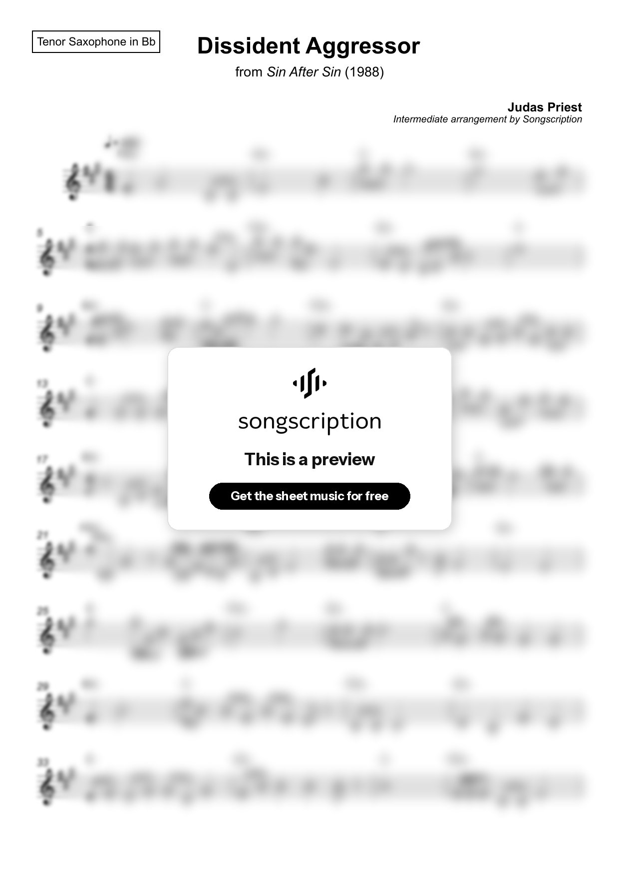Intermediate Tenor Sax Sheet Music for "Dissident Aggressor" by Judas Priest