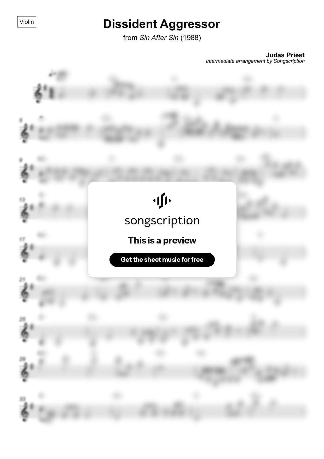 Intermediate Violin Sheet Music for "Dissident Aggressor" by Judas Priest