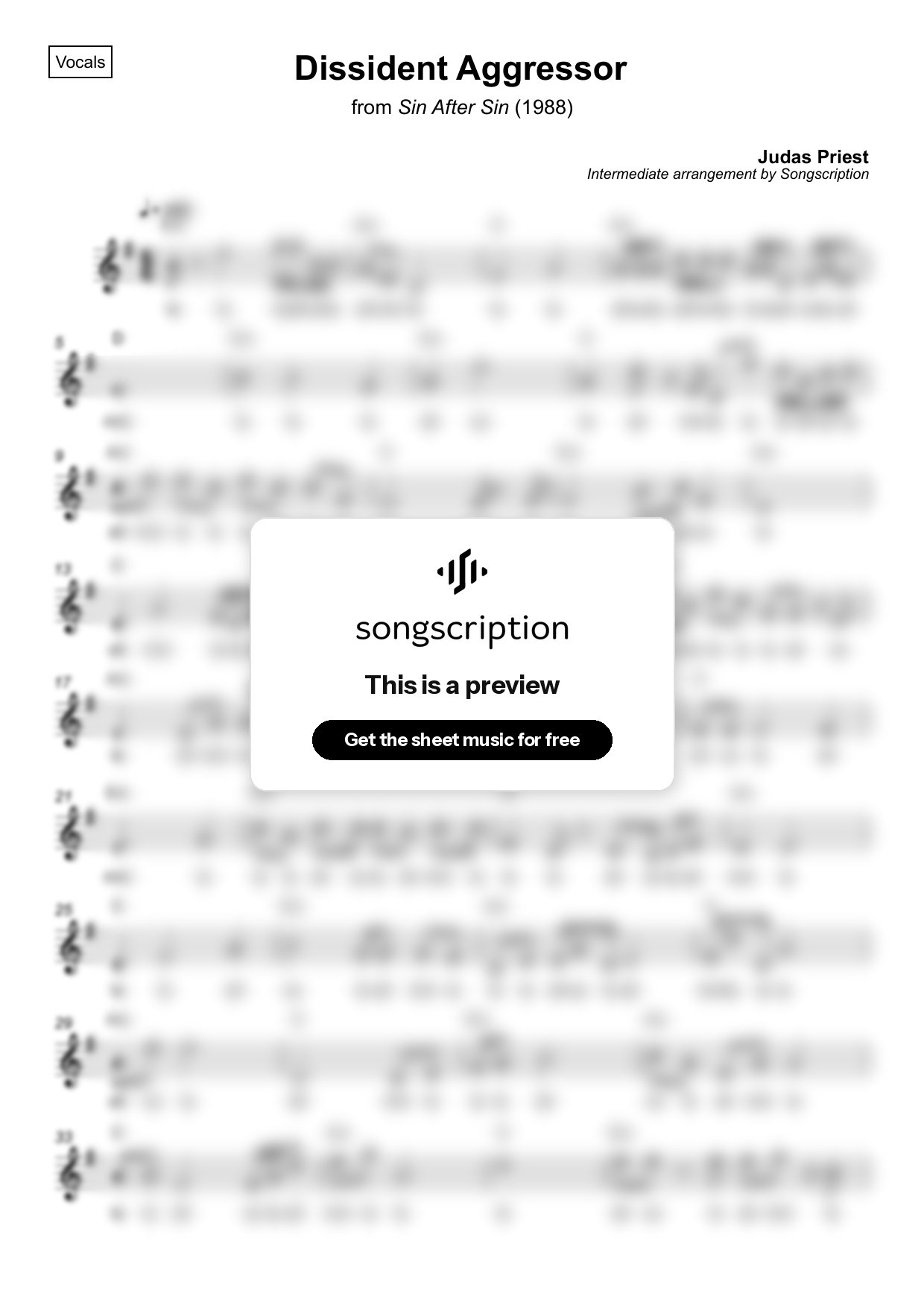 Intermediate Vocals Sheet Music for "Dissident Aggressor" by Judas Priest