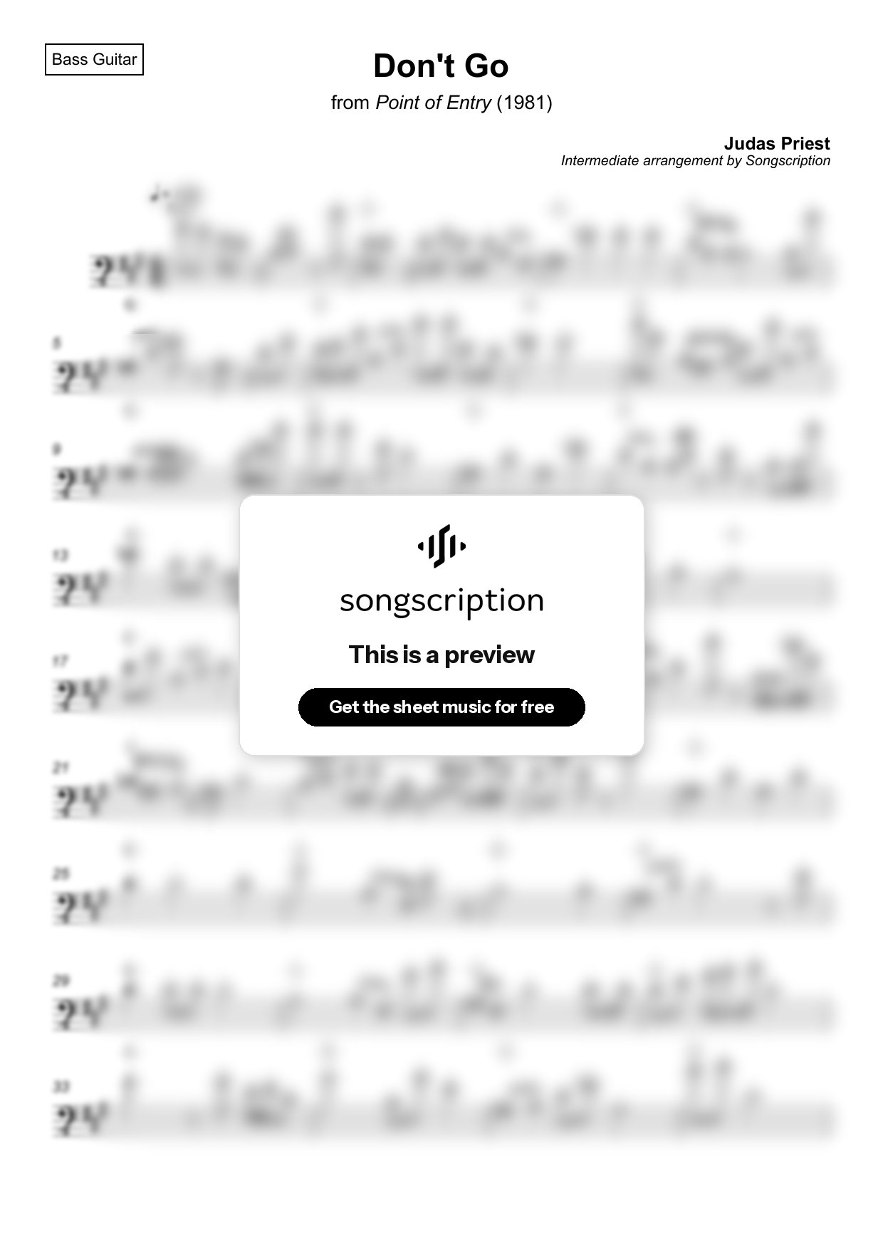 Intermediate Bass Guitar Sheet Music for "Don't Go" by Judas Priest